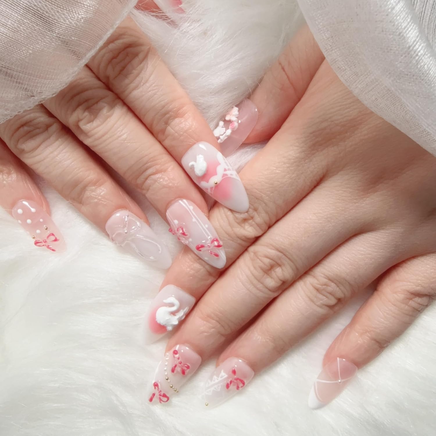 Press On Nails Medium,Carved swan 3D Almond handmade False Nails, 3D pink Nude Glossy Soft Gel 10 Pcs (Almond, XS)