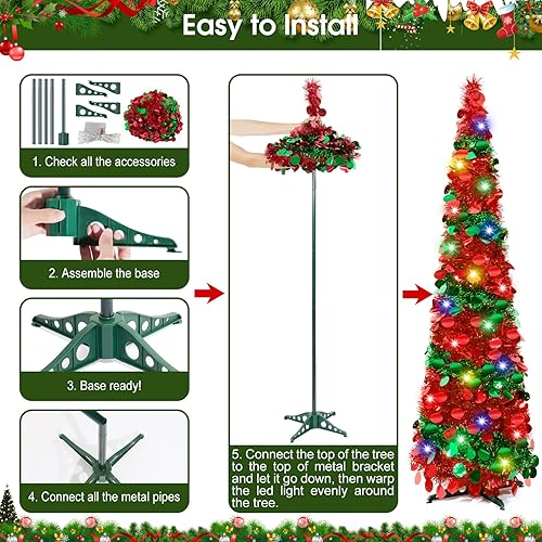 Miniatura 6 de Árbol de Navidad de oropel de 5 pies, árbol de Navidad rojo y verde, árbol desplegable con 50 luces LED, árbol de Navidad artificial plegable para