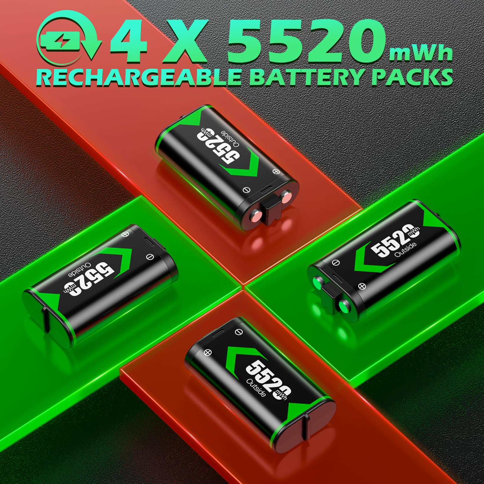4 stück Ersatzakku für Xbox One Controller,Schnell-Ladestation für Xbox Controller Akku,4×5520mWh(4×2300mAh) hohe Kapazität Ersatzakku mit Ladestation für Xbox One S/X, Xbox Series S/X Controller
