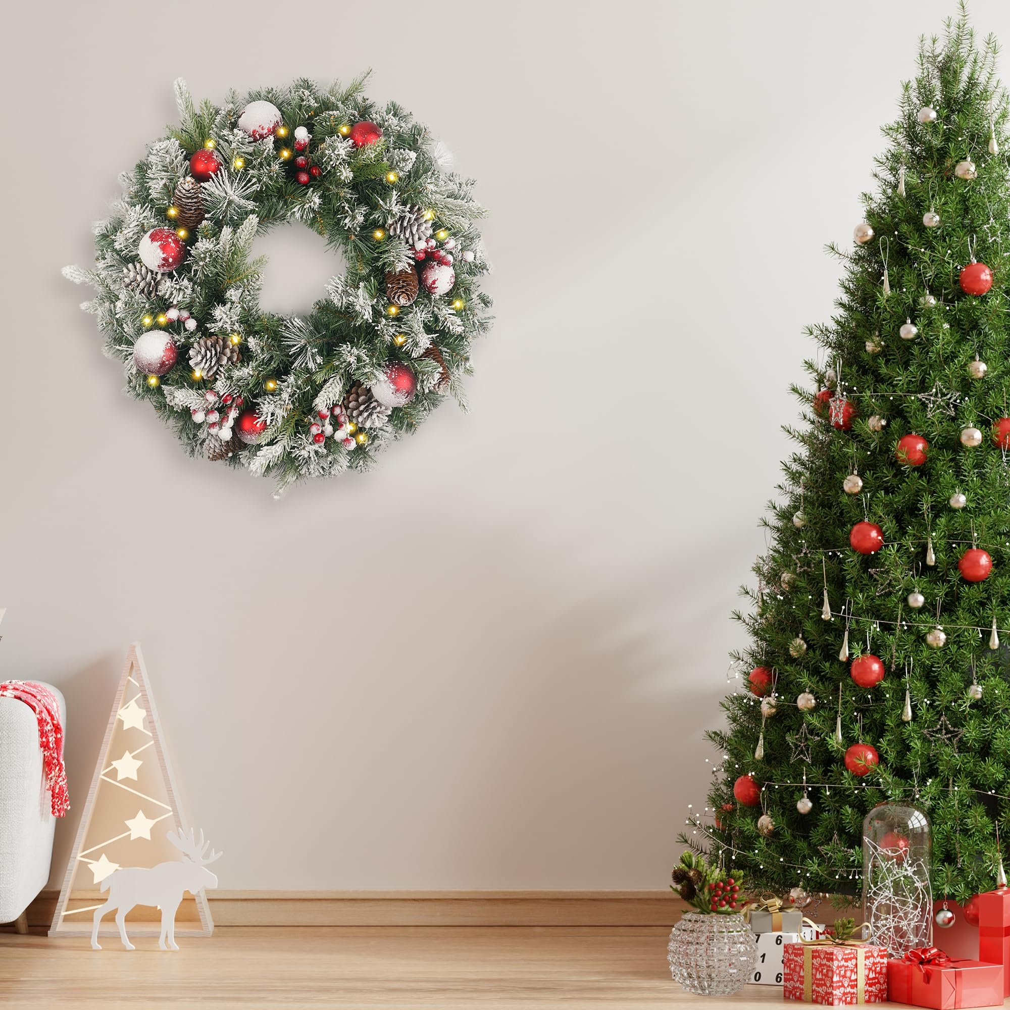 Couronne de Noël floquée pré-éclairée de 61 cm avec 50 pommes de pin lumineuses et boules rouges pour porte d'entrée avec lumières, couronne de Noël pour décoration de Noël, porte, fenêtre, mur (vert)
