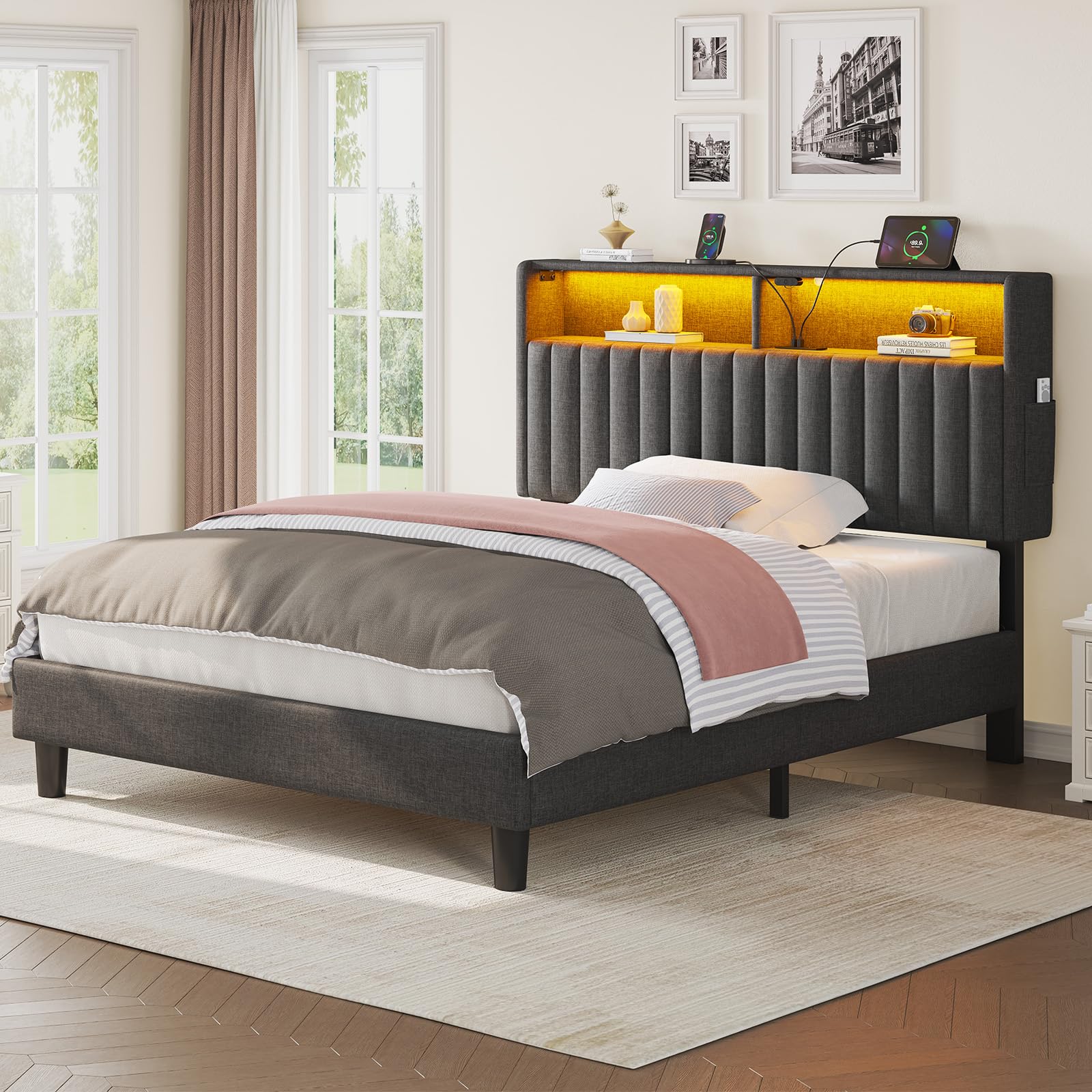 full size bed frame with charging station, led bed with upholstered storage headboard, metal platform with under bed storage, no box spring needed, noise free, easy assembly, grey