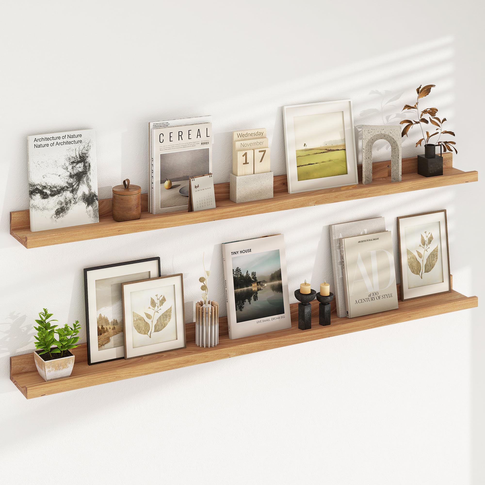 picture ledge shelf, 48 inch long floating shelves for wall, nursery bookshelf for storage with lip, rustic elm wood photo ledge shelves for bedroom, living room, kitchen (natural, 48in set of 2)