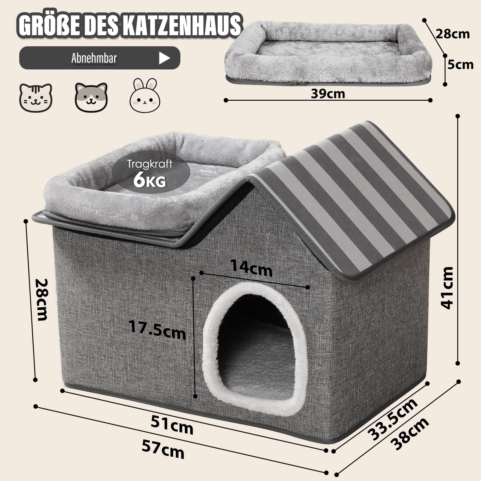 Zvonema Casa para gatos, 2 pisos, cueva de fieltro, protección de las uñas de los gatos, estable casa para gatos interior con cojín suave y lavable, cama plegable para mascotas pequeñas y medianas, 57