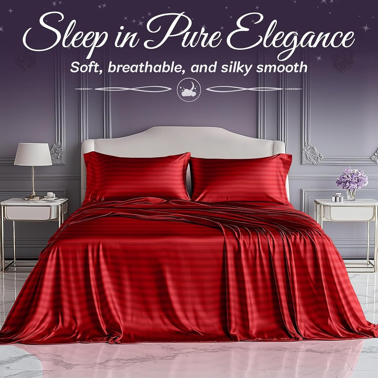 SLEEP SANCTUARY Satin Sheets Queen Size – 4 Piece Luxury Silky Bed Set, Softer Than Silk, 15" Deep Pocket, Cooling & Wrinkle-Free, Moisture-Wicking & Breathable for Hair & Skin (Striped Red)