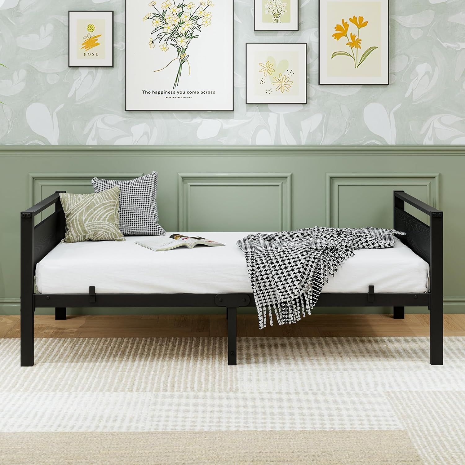 Twin Bed Frame with Wooden Headboard, Twin Size with Multifunctional Mattress Foundation,Metal Sofa Bed Frame for Living Room, Bedroom, Apartment，Black