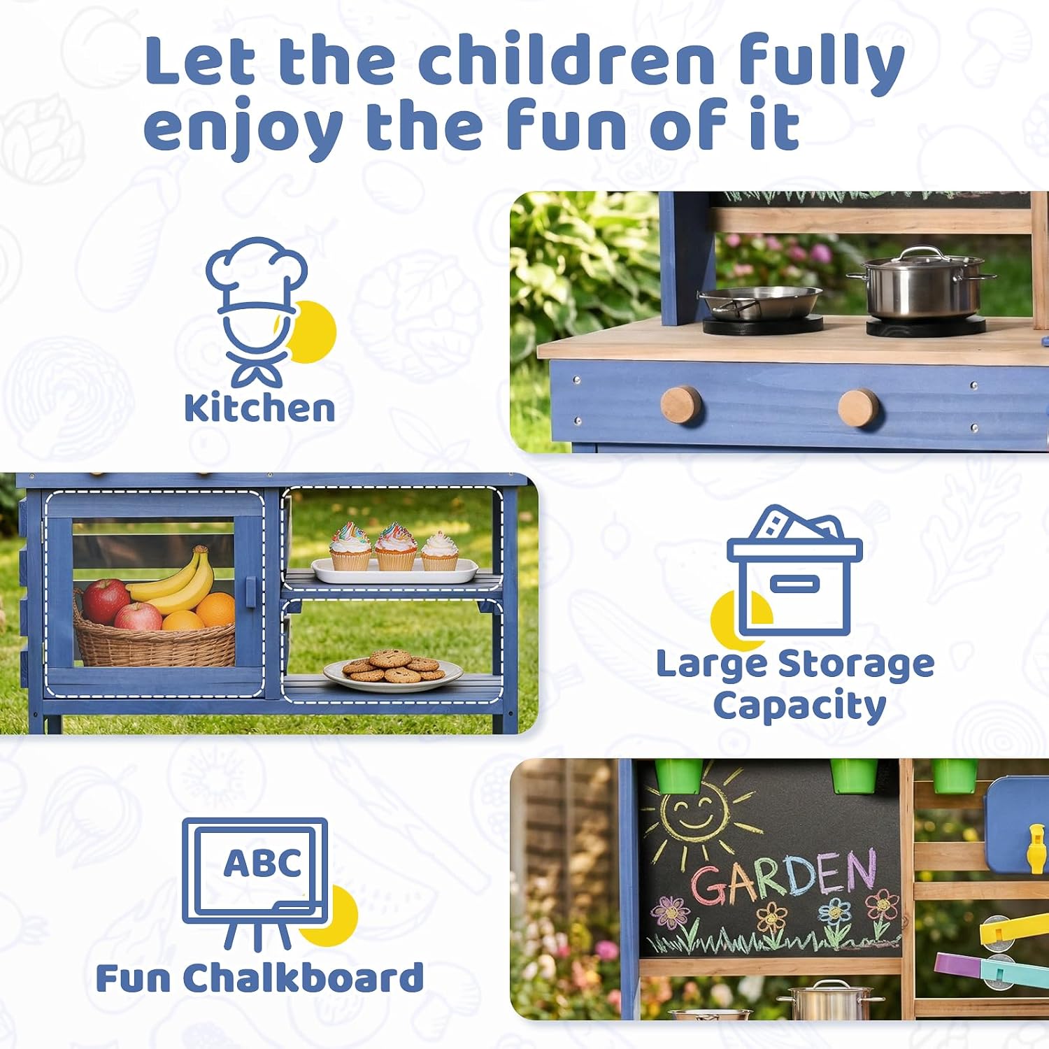 Wooden Outdoor Mud Kitchen for Kids, Pretend Play Kitchen Playset with Removable Sink, Faucet, Stove Top, Planting Area & Cooking Accessories, Toddler Gift for Boys Girls Ages 3+ (Blue)