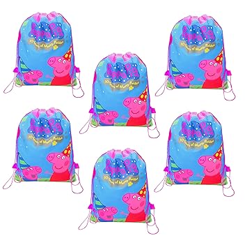 KOBBET Boys Party Birthday Gift Non-Woven Cute Peppa-pig Print Drawstring Backpack Bag Haversack Bags for Kids Birthday Return Gift Set Party Favour Gift Set Storage Bag for kids 12pcs