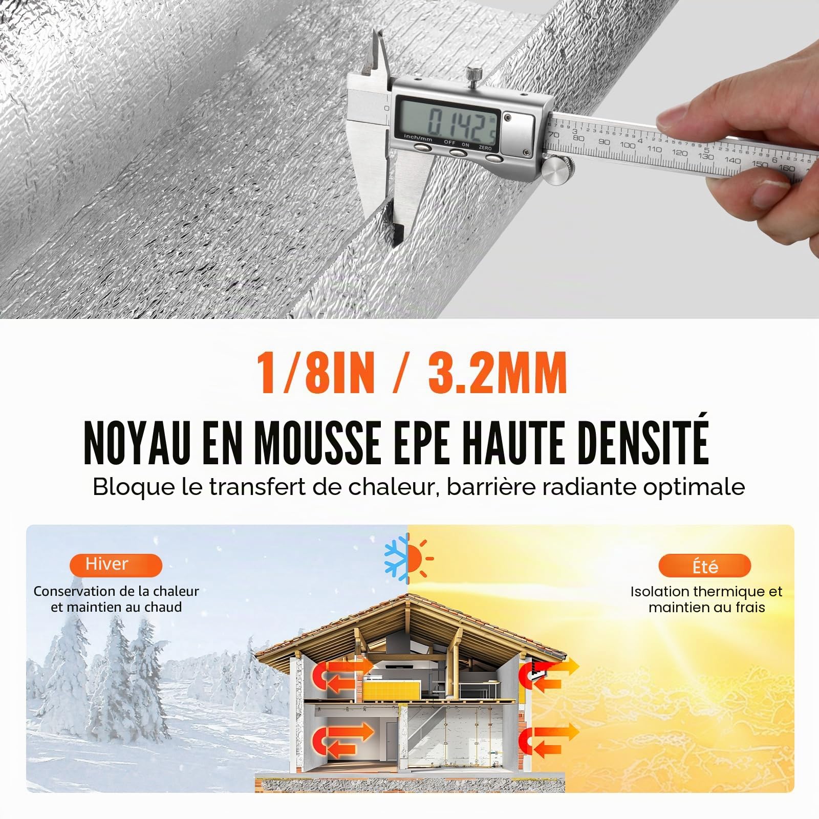VEVOR Isolant thermique double réfléchissant, 3 x 1,22 m, rouleau d'isolation barrière radiante, noyau en mousse EPE, 3,2 mm, feuille d'aluminium double face, pour fenêtre, toit de camping-car, maison