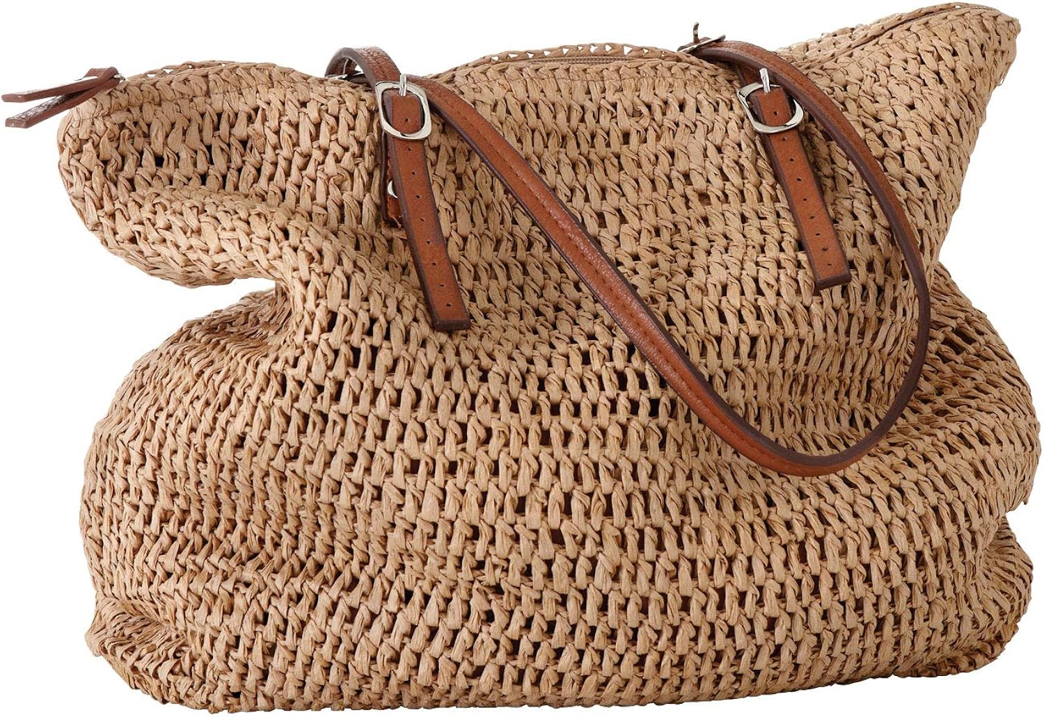 ellos Women's Plus Size Zip Top Straw Bag Handbag, Natural Handbags