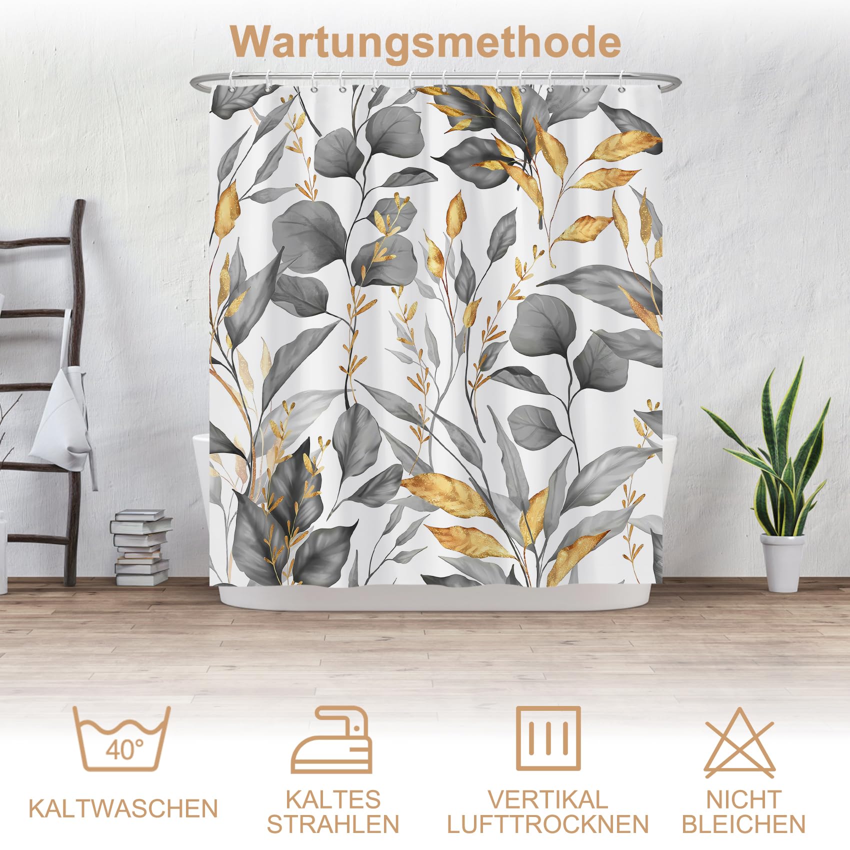 Botanischer Duschvorhang Schwarz-weiß | 183x183 Cm, Wasserabweisend, Mit 12 Haken, Pflanzen-Muster