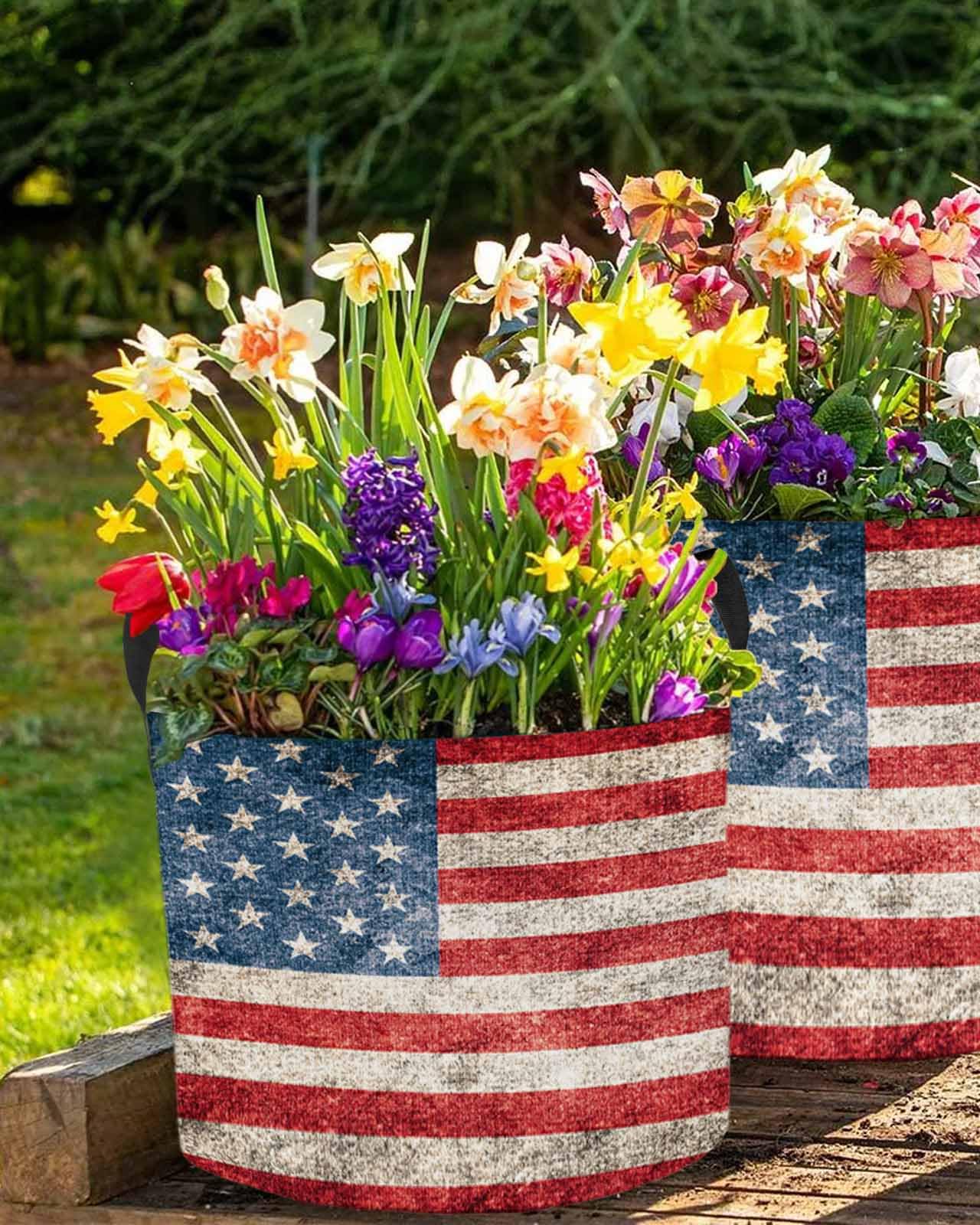 Sacs de culture de 5 gallons - Sac de plantation vintage - Drapeau américain - En tissu à rayures rouges - Avec poignée - Sac de culture pour légumes, pommes de terre, tomates, étoile patriotique sur