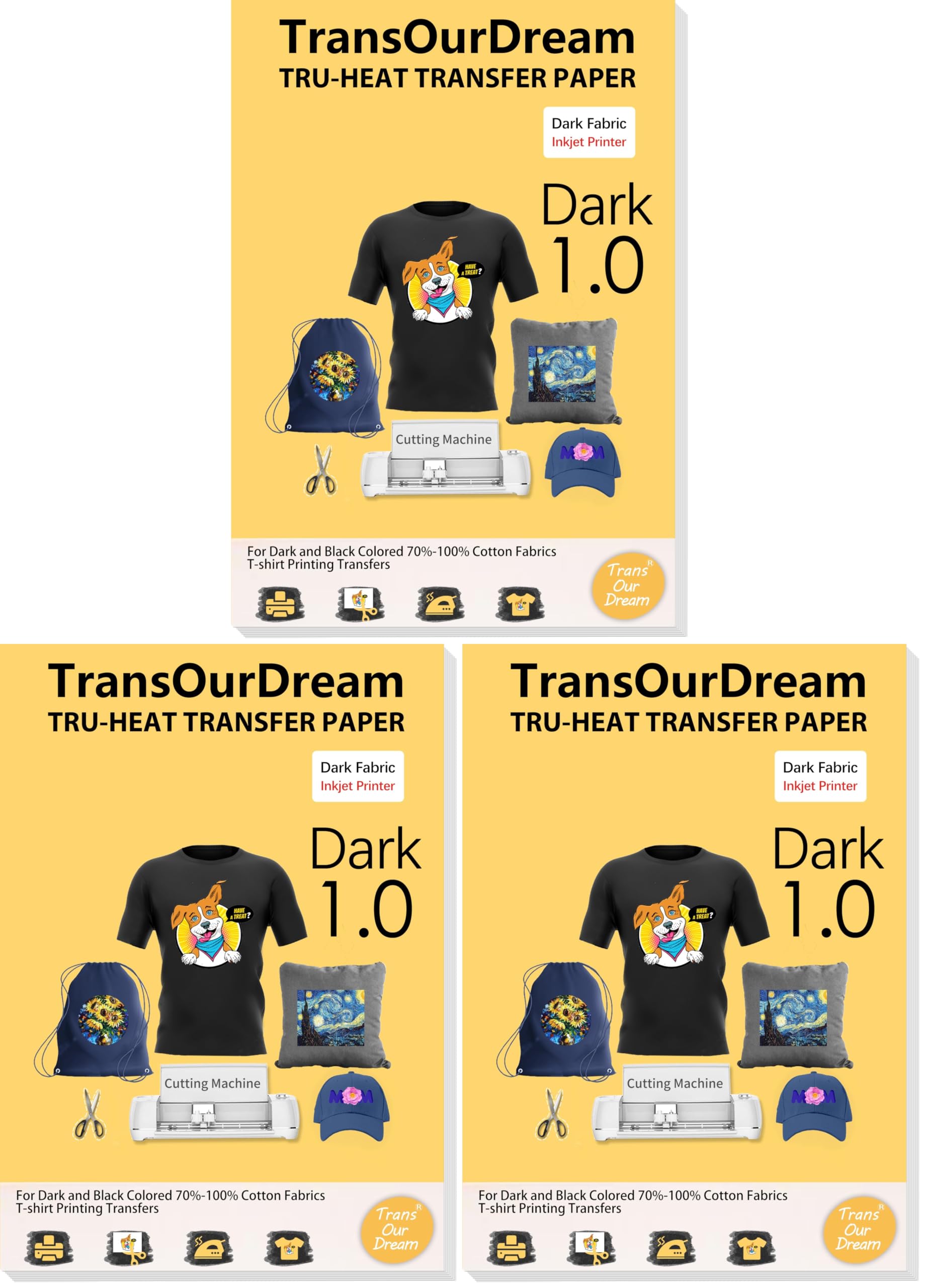 TransOurDream Heat Transfer Paper for Dark T Shirts(20 Sheets, 8.5x11),Printable HTV Heat Transfer Vinyl for Inkjet Printers (Pack of 3)