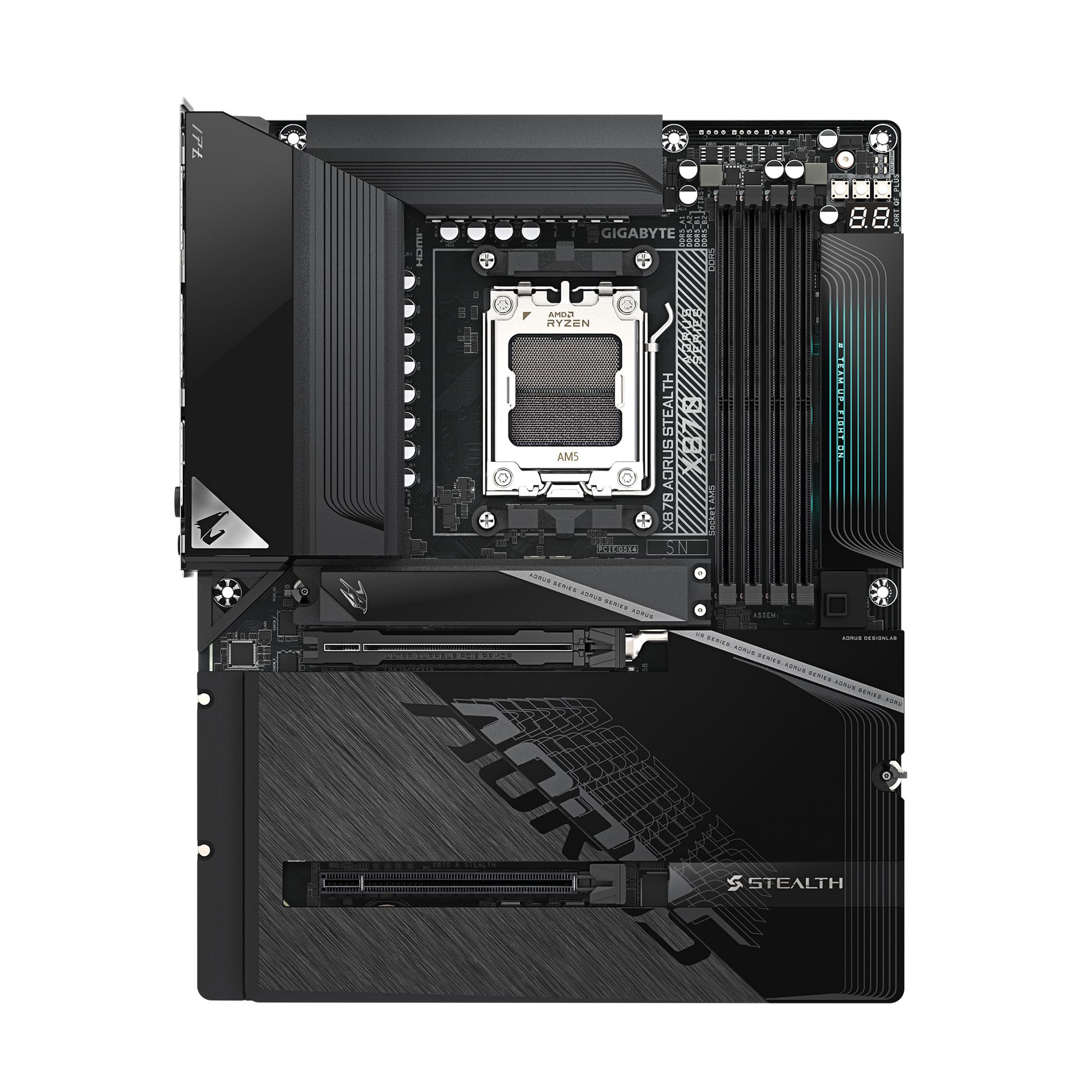 GIGABYTE Placa Base X870 AORUS Stealth AMD AM5 ATX, Compatible con AMD Ryzen Serie 9000/8000/7000, DDR5, Fase de alimentación 16+2+2, 4X M.2, PCIe 5.0, USB4, WIFI7, 5 GbE, PCIe EZ-Latch Plus, 5 años