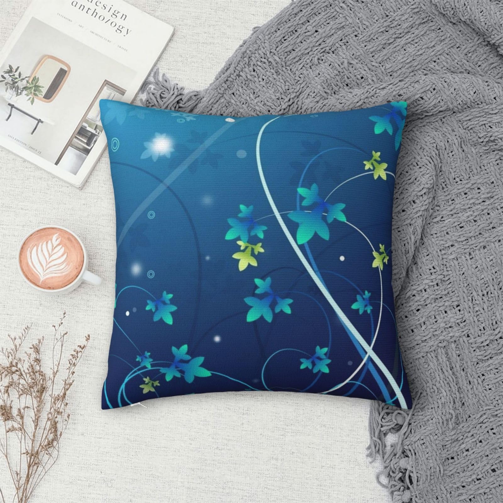 Plush Velvet Square Throw Pillow Cover For Couch & Bed, Blue Mini Flower Swirl, Soft Decorative Cushion Case For Sofa, Farmhouse Throw Pillow Sham, Modern Aesthetic Home Accent For Living Room Bedroom