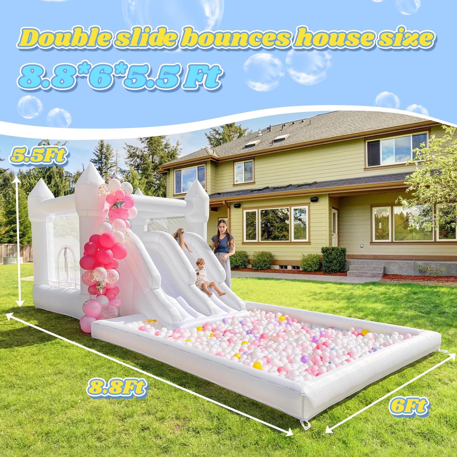 Inflatable Water Slide Bounce House. Double Slides ?Oxford Fabric Bounce House?Perfect for Kids, Family, Wedding Birthday Party?White?