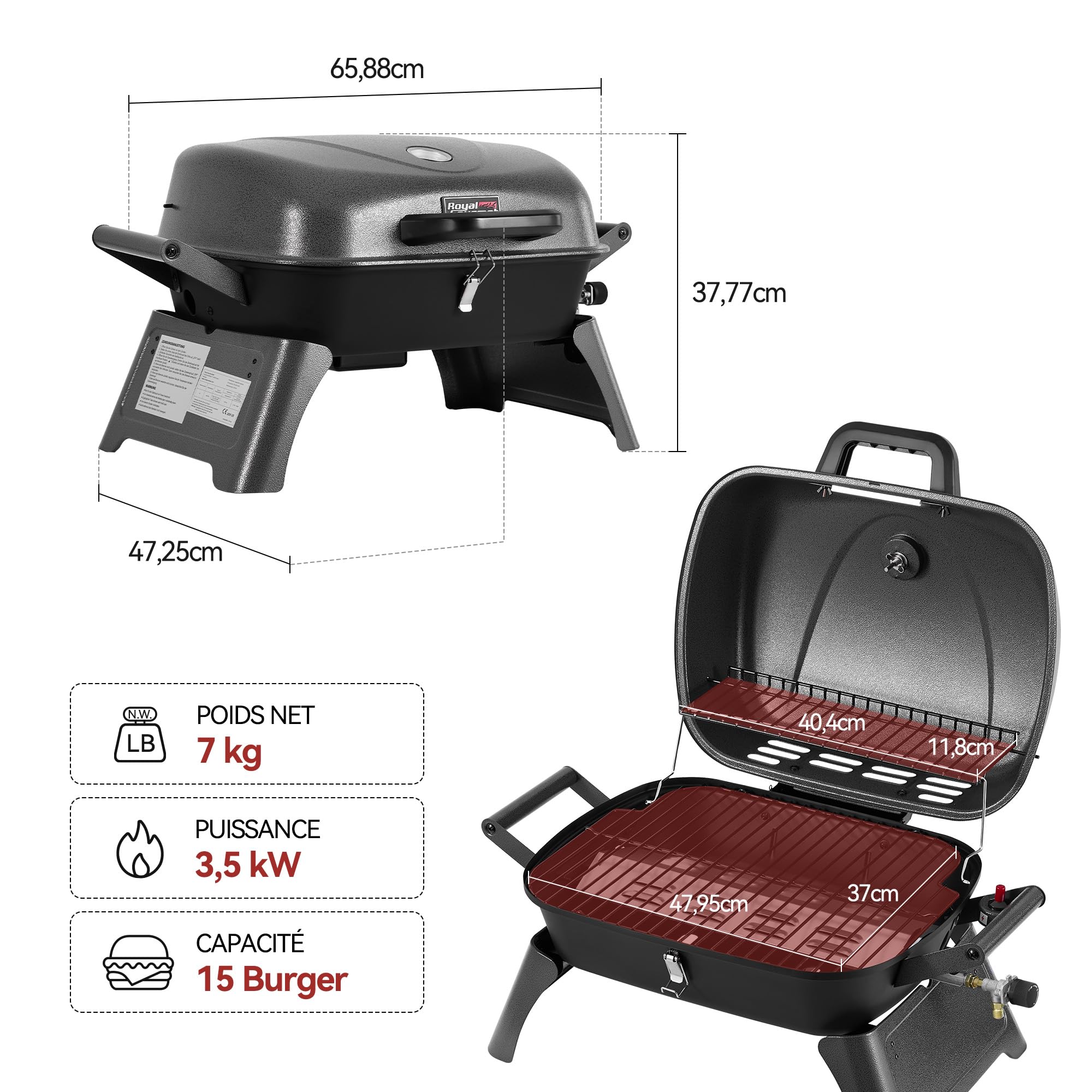 Royal Gourmert Barbecue à gaz Portable de 3,5 KW, Barbecue de Table à gaz avec poignées et Pieds rabattables, Barbecue de Camping pour Le Jardin ou la Terrasse