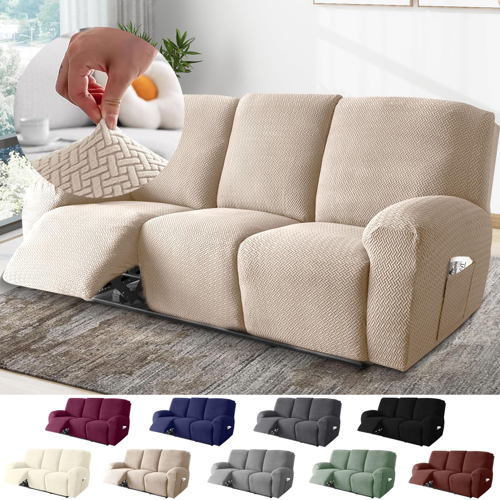 BOYIFEIJIE 3-Seater Recliner Sofa Covers, All-Inclusive Striped Jacquard Sofa Slipcover with Pocket, Non-Slip Stretch Recliner Protector for Living Room Recliner Sofa (Taupe, 8-Pieces)