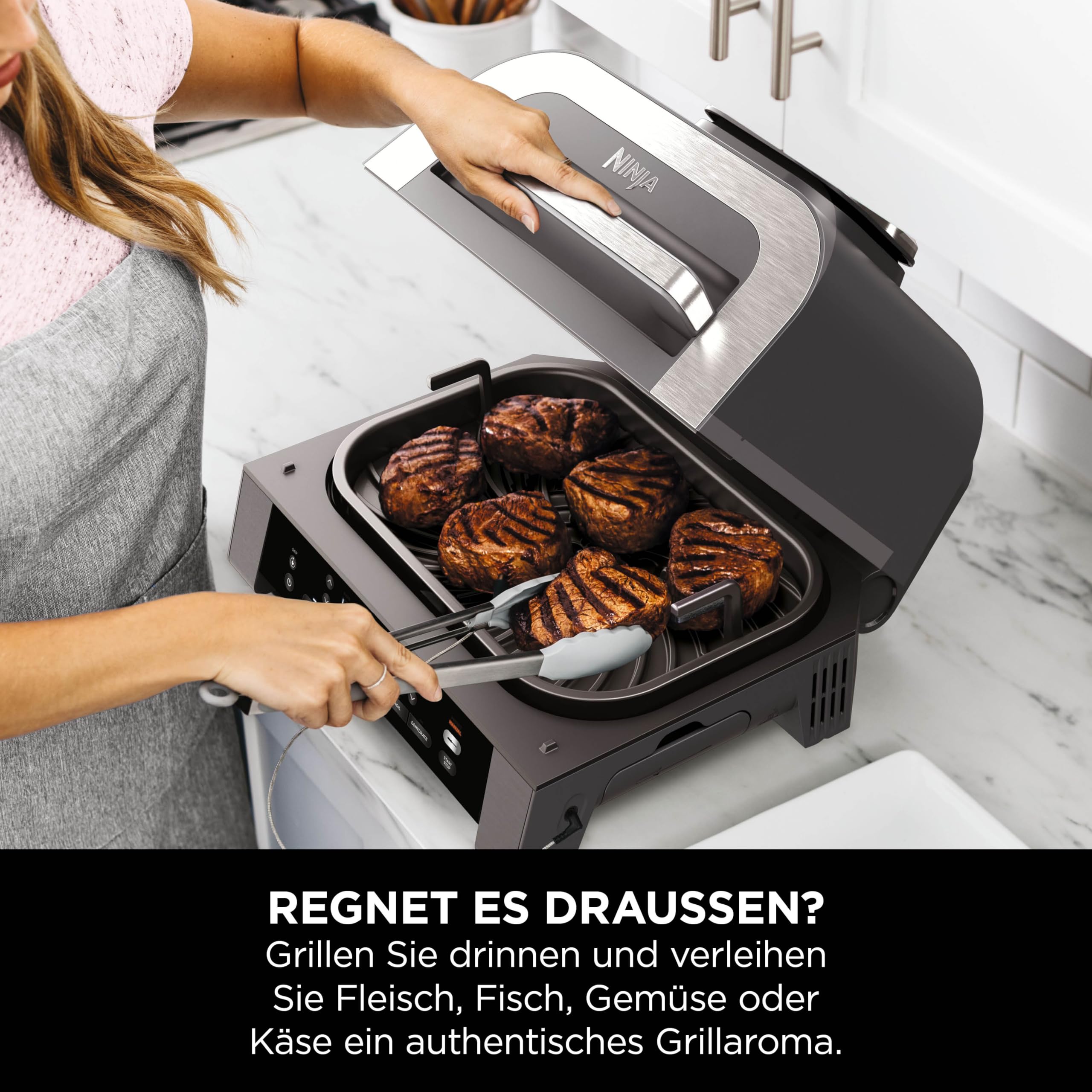 Ninja MAX 6-in-1-Grill & -Heißluftfritteuse für den Innenraum, 6 Kochfunktionen, für bis zu 6 Burger, 3,8-l-Fassungsvermögen, kaum Rauch, enthält digitales Bratthermometer, Grau/Silber, DG551EU