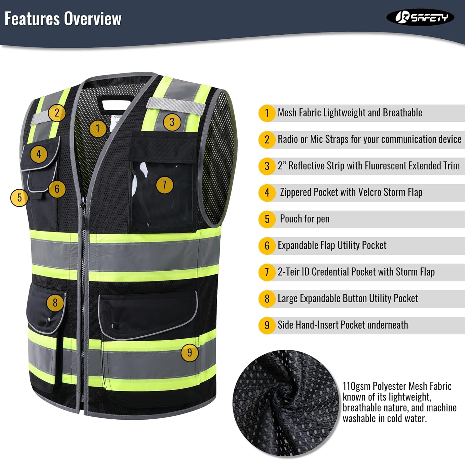 JKSafety 11 Pockets Hi-Vis Black Mesh Safety Vest for Men Women High Visibility Reflective Construction with Zipper Work Utility PPE Work Gear ANSI/ISEA compliant (102-Black 3XL) thumbnail