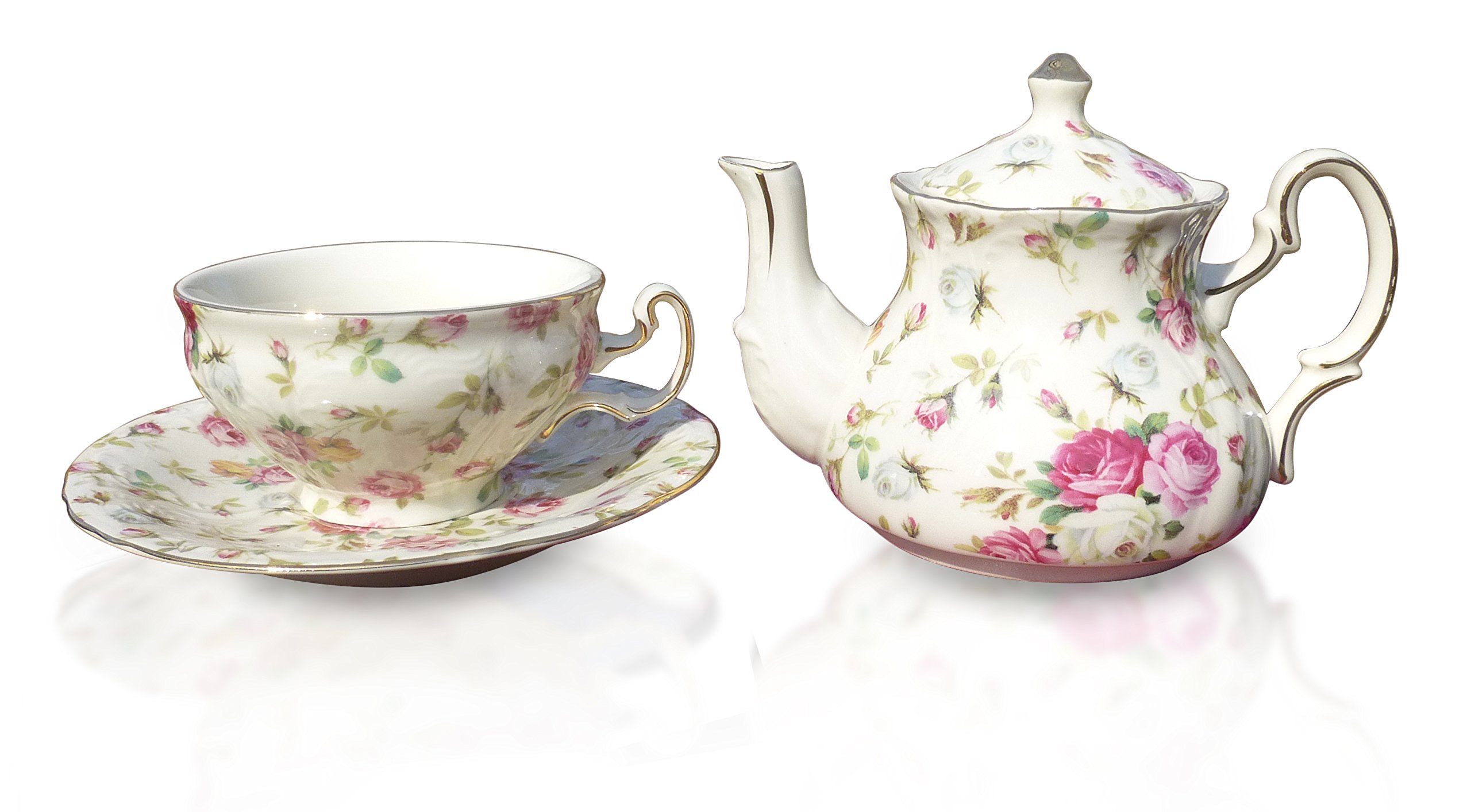 Tea Sets for One of Elizabeth Park Chintz Includes Teapot, Teacup and Saucer with Floral Print Design