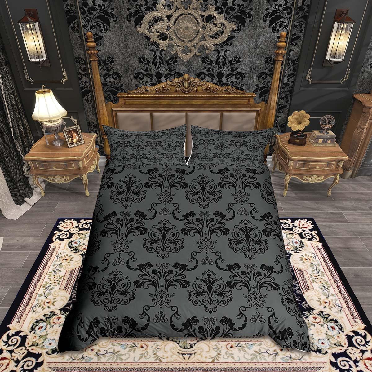 Homemissing Luxury Damask Floral Duvet Cover Set Cot Size For Kids Boys Girls Vintage Gothic Floral Bedding Set Black Royal Jacquard Duvet Cover with 1 Pillowcase Bohemian Exotic Bedding — image 1