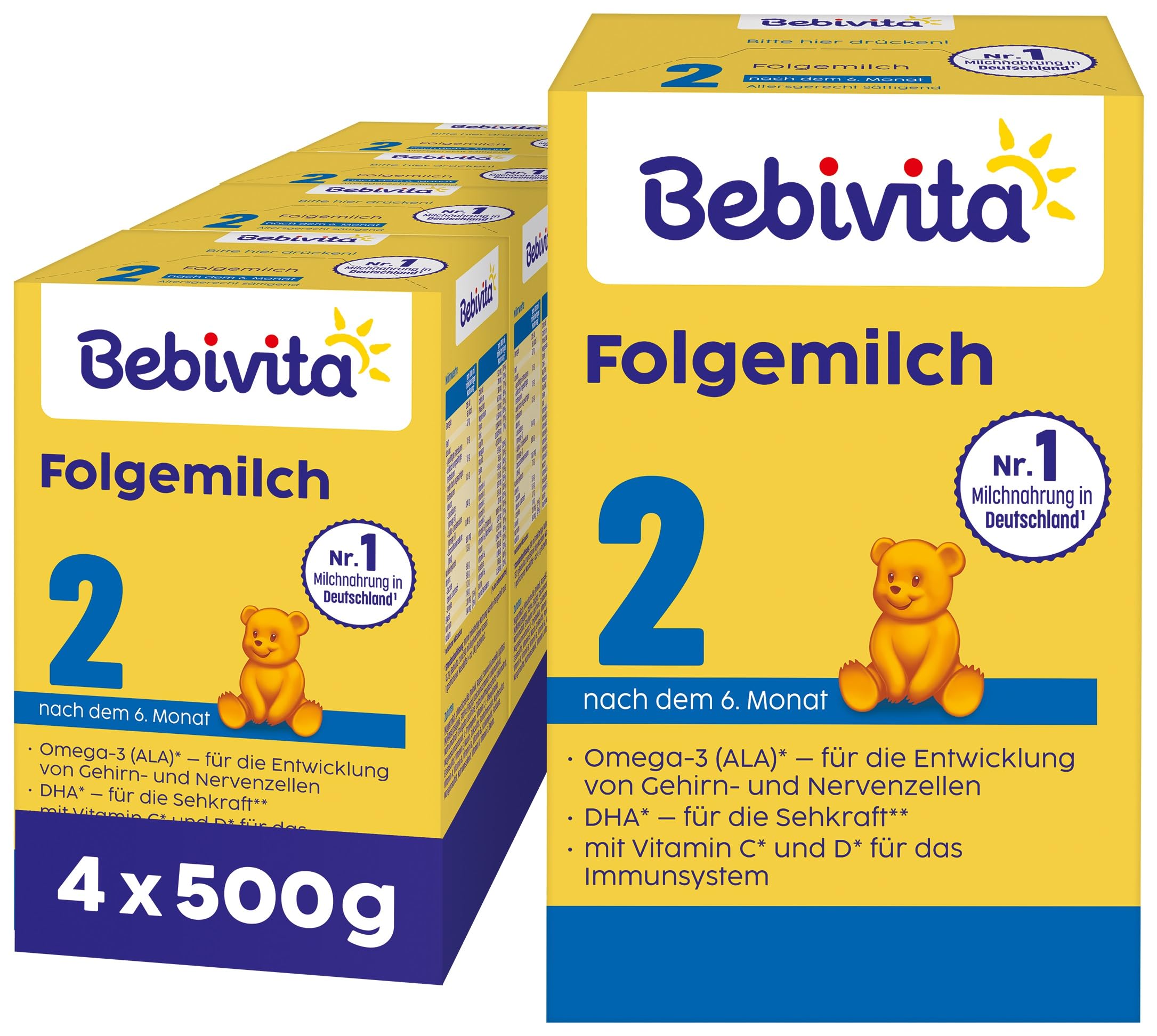 Bebivita 2 Folgemilch (4 x 500g), nach dem 6. Monat, mit Vitamin C und D, Omega-3 (DHA), altersgerecht sättigend