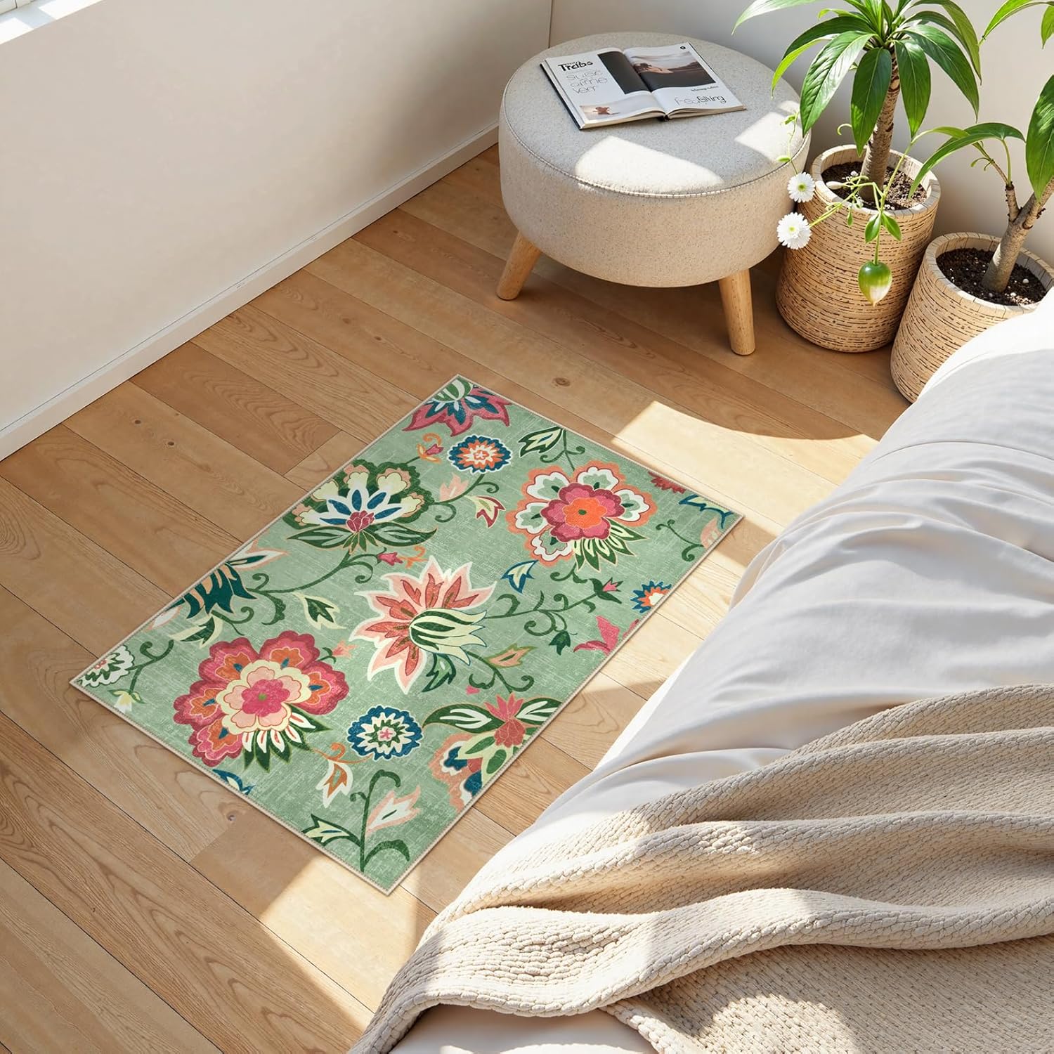 Beeiva Floral 2x3 Washable Rug Non Slip, Ultra Thin Door Mat Indoor Entrance for Kitchen, Non Shedding Green Rug Carpet Entry Way Bedroom Beside Bathroom (Light Green,2'x3')