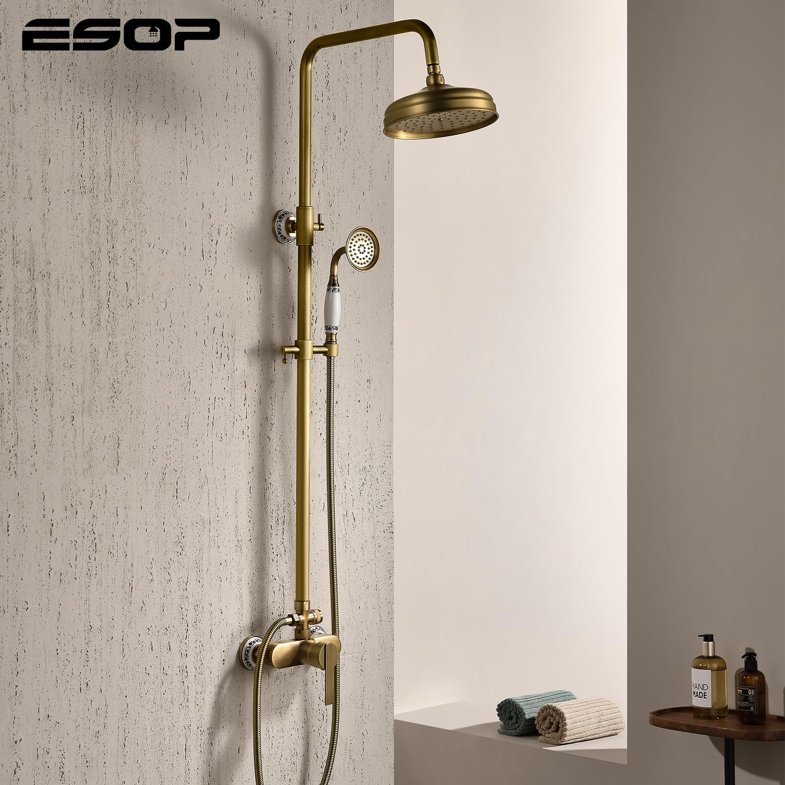 ESOP Conjunto de Ducha Retro Sistema de Ducha Montaje en La Pared Columna de Ducha Latón Set de Ducha con 20cm Giratorio Alcachofa de Ducha, Alcachofa de Mano, Ajustable Barra de Ducha