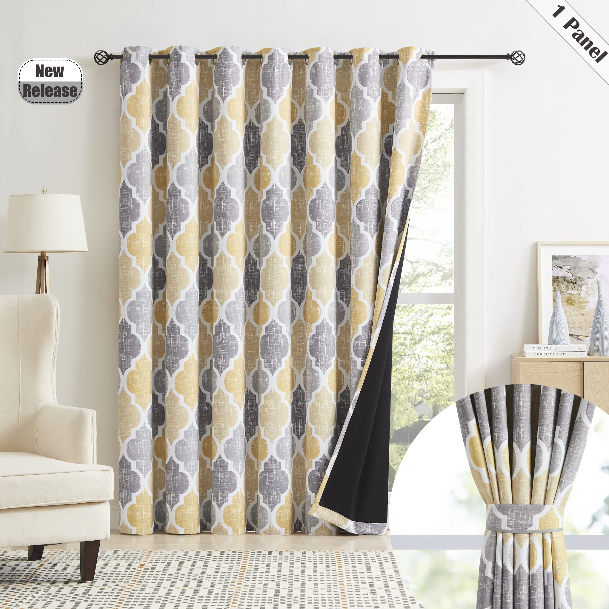 Beauoop ExtraWide Full Blackout Curtains for Patio Door Sliding Door Moroccan Geo Print Thermal