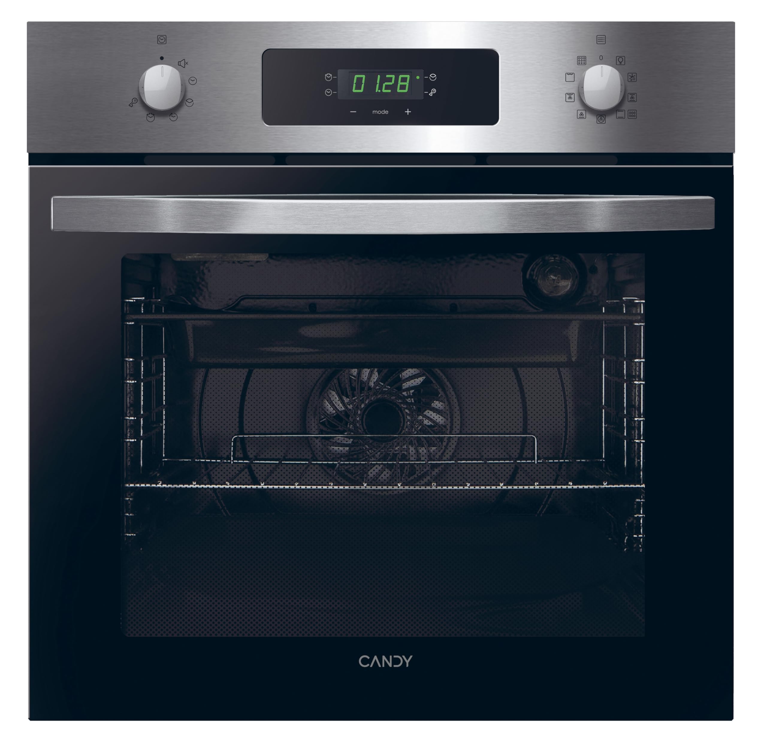 Candy Idea FIDC X886, Horno Multifunción, PirolÃtico, 70L, 1 Bandeja y 1 Rejilla, Ventilador Radial de Enfriamiento, Aquálisis, Cocción Multinivel, 9 Funciones, Puerta 3 Cristales, Inox y Negro