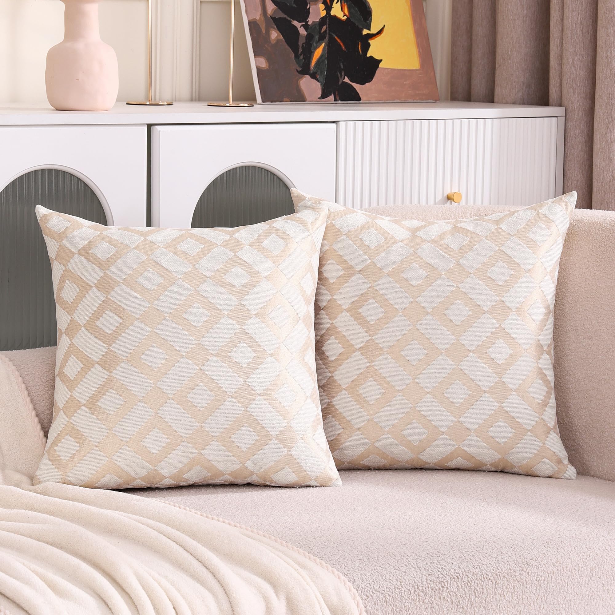 Tosleo Boho 45x45 CM Throw Pillow Covers Pack of 2 Beige Check Chenille Pillowcases Cushion Cover Handmade Decorative Throw Pillow Case for Couch Home Decoration - Image 4