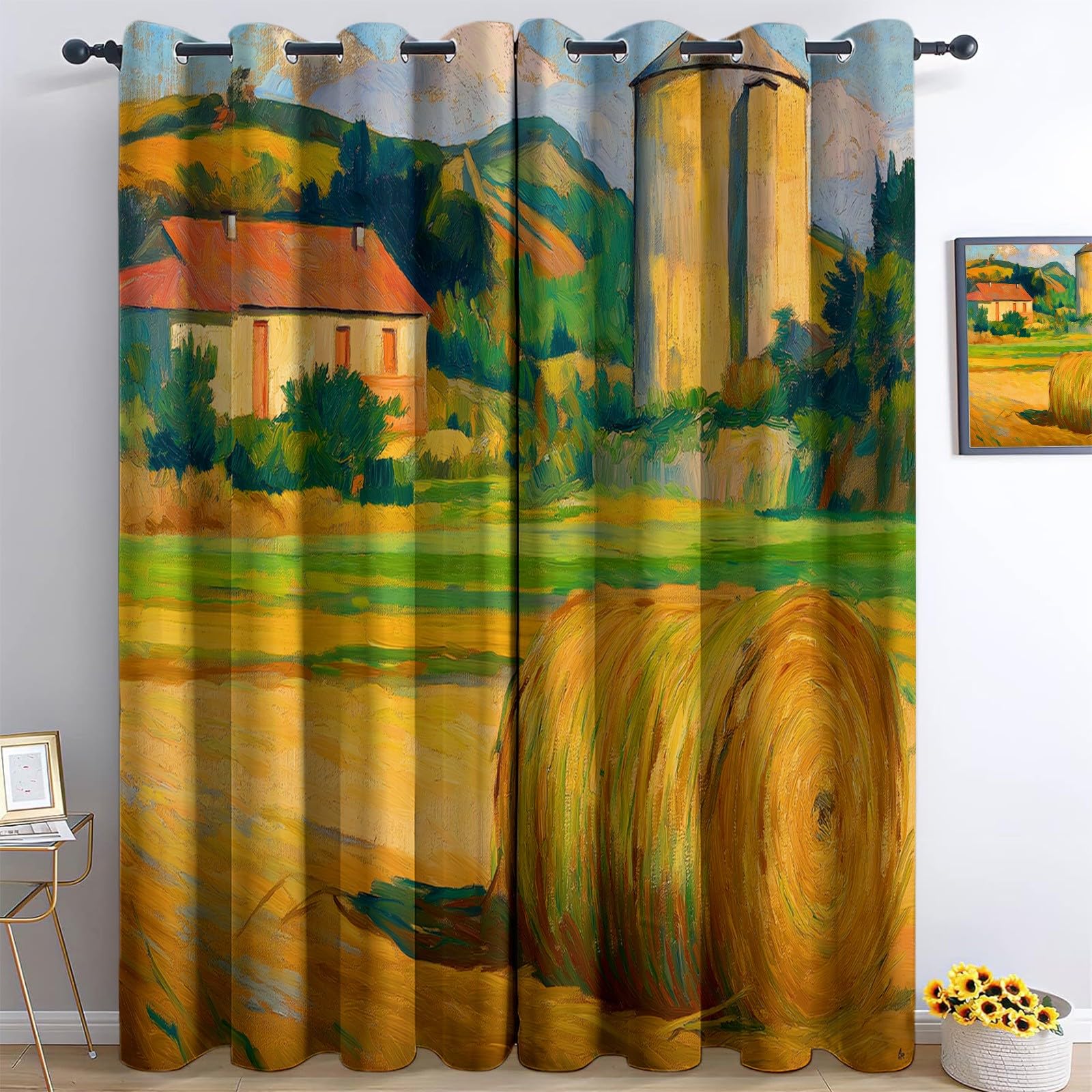 Genérico Pintura Al Óleo Casa De Campo Heno Cortinas Opacas térmicas Que bloquean la luz, Estilo De Granja Cortinas Opacas con Ojales para Dormitorio y Sala de Estar 140 x 260 cm (2 Paneles)