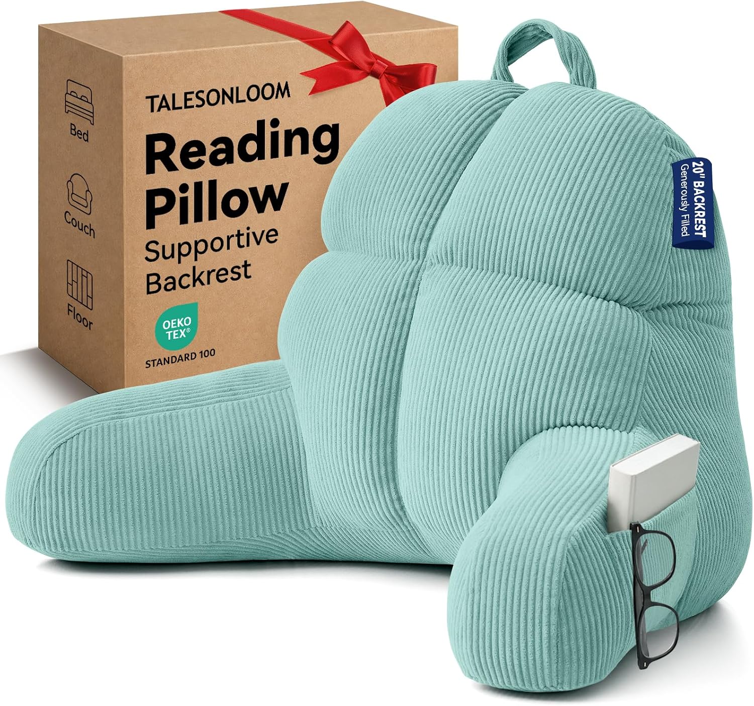 Reading Pillow for Bed with Arms, Corduroy Backrest, Adjustable Fill