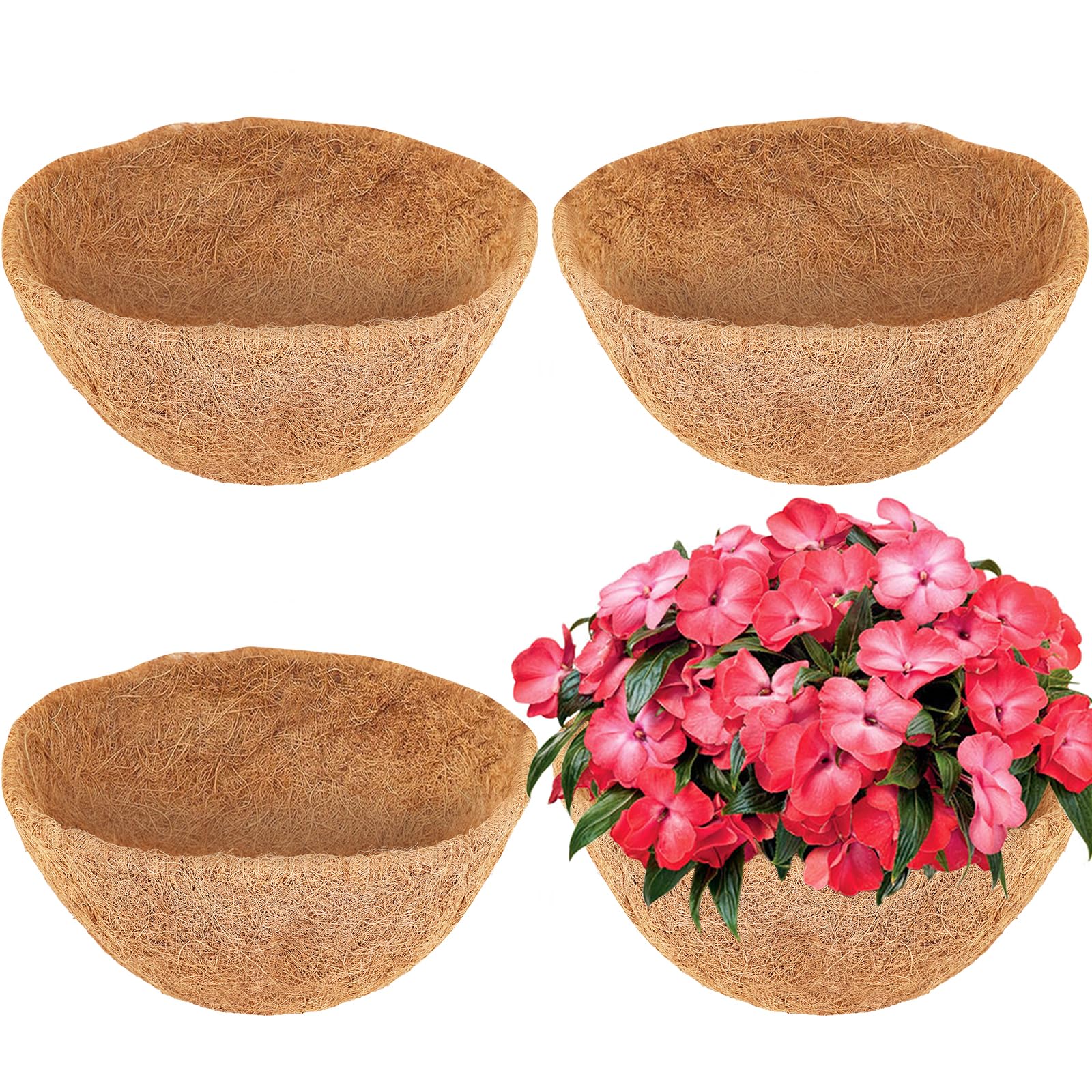 LCHUANG Coco Liners for Planters - 4 Pack 16 Inch Round Hanging Basket Liners, 100% Natural Coconut Fiber Replacement Liners for Hanging Baskets Planters Flowers, Plants, Vegetables (16'' Pack of 4)