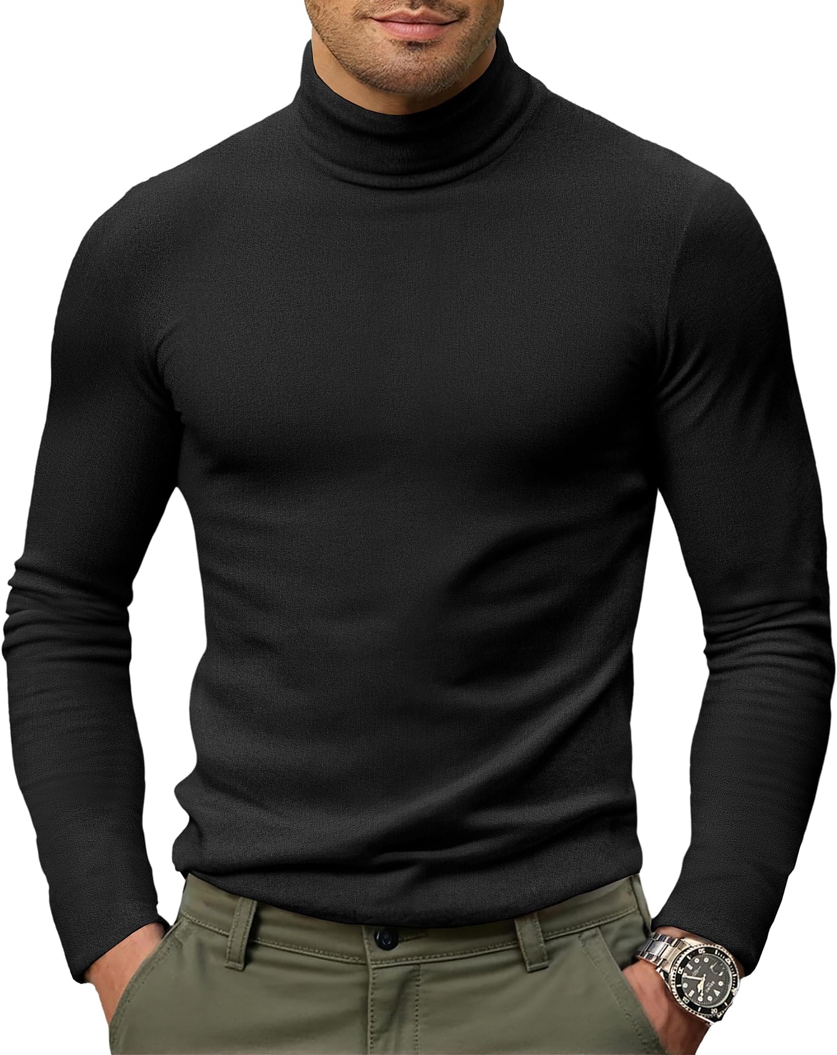 Mens Turtleneck T Shirt Long Sleeve Ribbed Slim Fit Knitted Jumper High Roll Neck Top Basic Warm Pullover