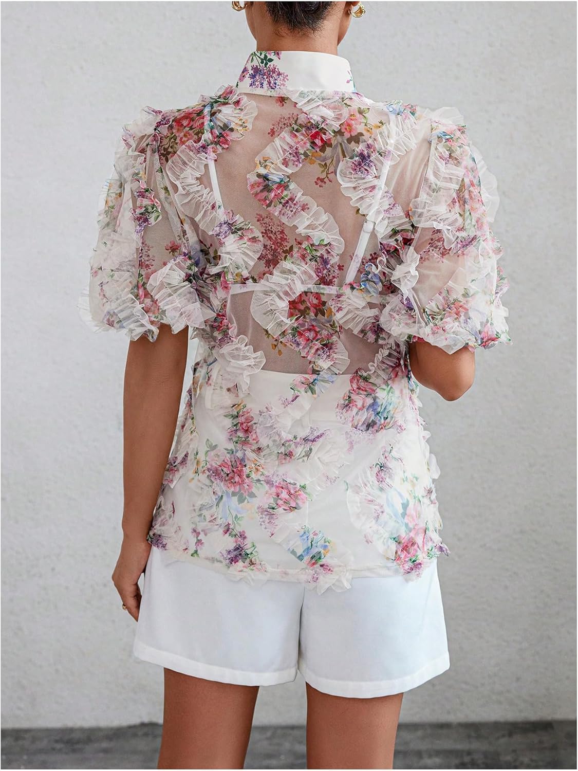 OYOANGLE Women's Floral Print Mesh Sheer Pearl Button Down Blouse Mock Neck Puff Short Sleeve Ruffle Trim Shirt - Image 2