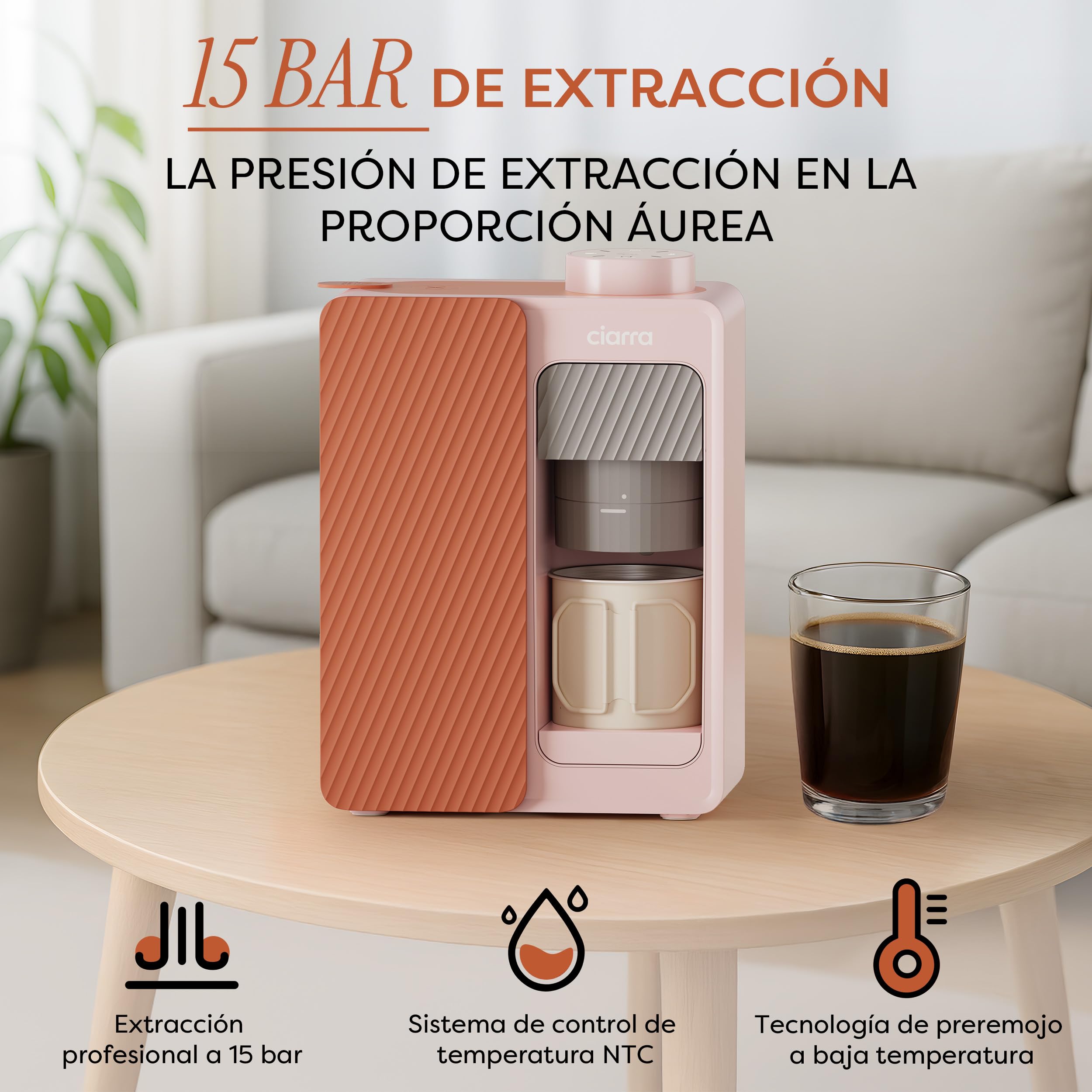 CIARRA BloomBox Cafetera Portátil Espresso de 15 bares Rosa | con Batería y Conexión a la Red Eléctrica, Máquina de Café Recargable Autocalentable para Acampadas y Viajes - CBPCM551-P