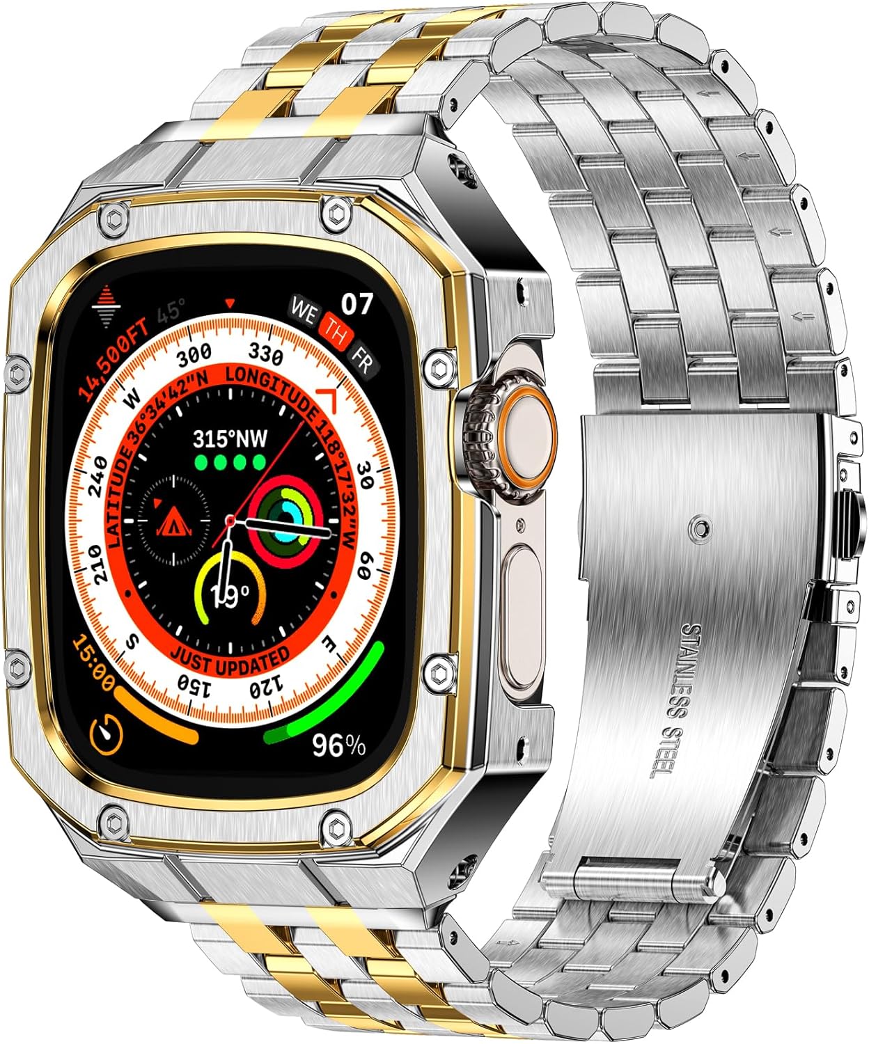 MioHHR Stainless Steel Watch Case with Bands Compatible with Apple Watch Band 49mm(Ultra 3/2/1), Metal Cover Bumper with iWatch Bands for Apple Watch 49mm Ultra 3/2/1, Silver/Gold