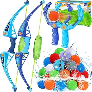 Reusable Water Balloons Set For Kids Outdoor, Boy Launcher Toy Game Indoor | 2 pcs Bow and Arrow & 2 Slingshot with 24 Soft Balls, Pool Beach Yard Water Fight Fun, Water Toys for Boys Girls