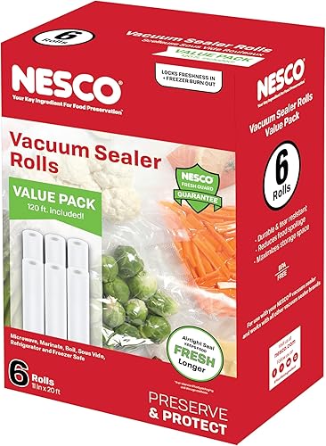 NESCO Rollos de bolsas selladoras al vacío, paquete de 6 rollos de 11 pulgadas x 20 pies, sin BPA, para congelador, al vacío, apto para microondas,