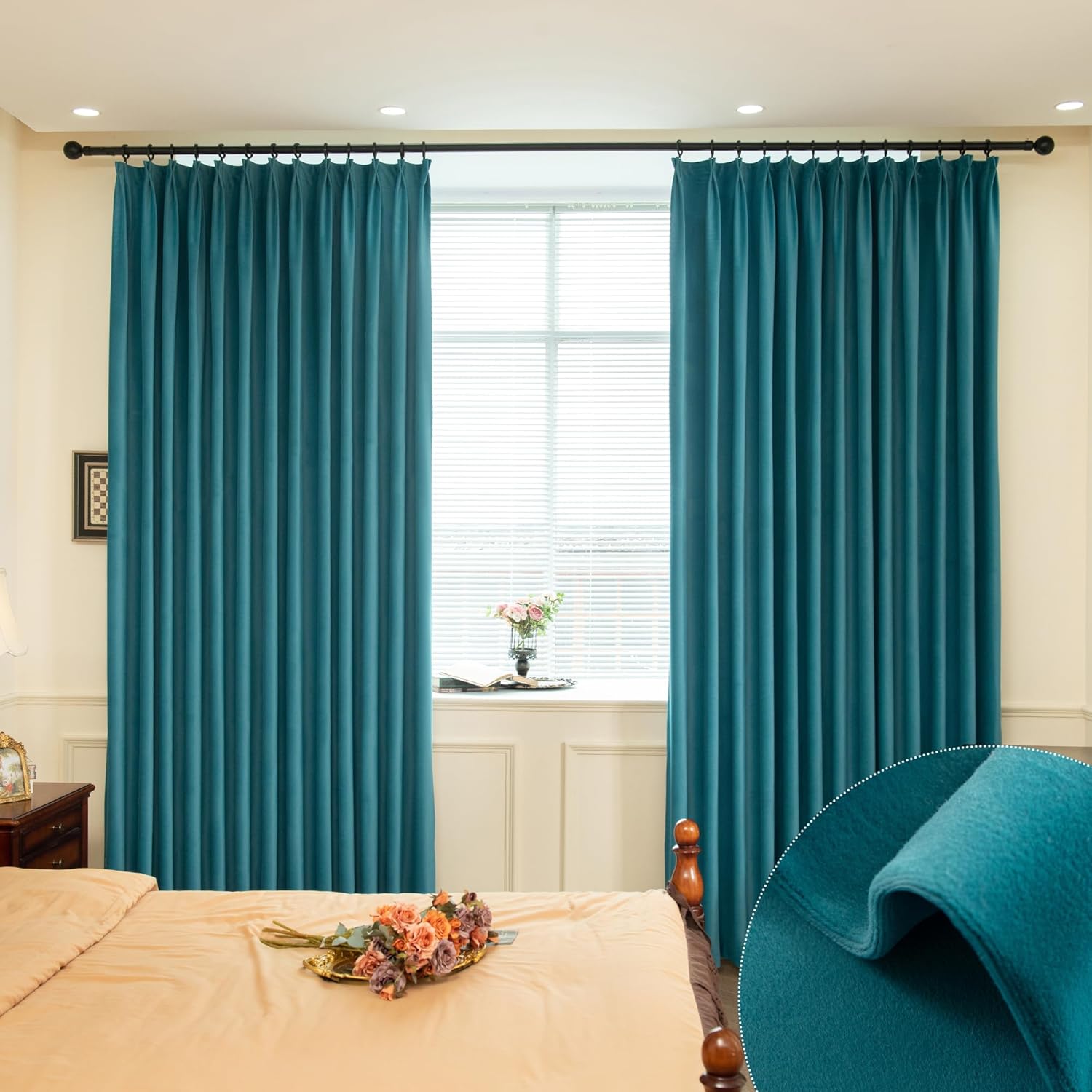 MUMFAS Velvet Pinch Pleat Solid Thermal Insulated 85% Blackout Patio Door Curtain Panel Drape for Traverse Rod and Track, Soft Velvet Pinch Pleated Curtain Teal Green 72" W x 84" L (One Panel) 72"W x 84"L (Pack of 1) Teal