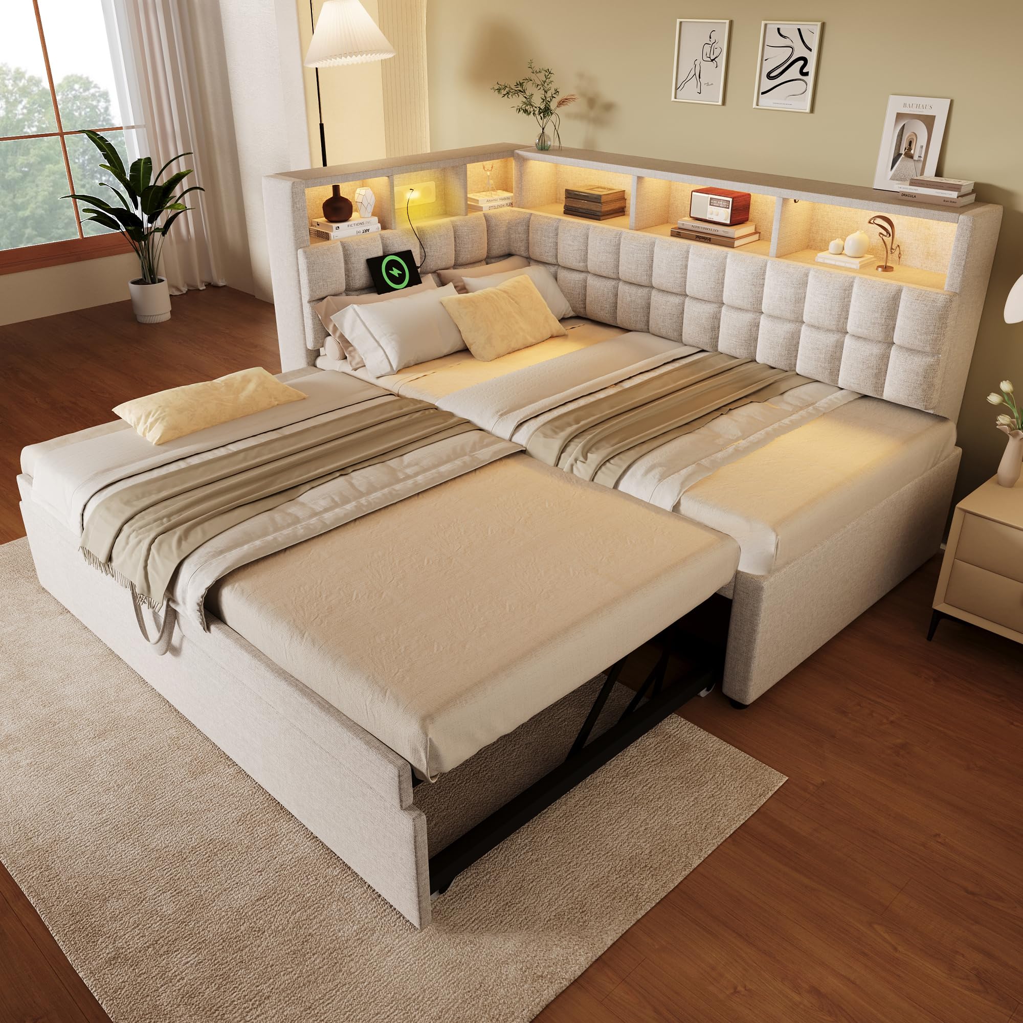 Letto imbottito in lino, 90 x 200 cm, con letto estraibile 90 x 190 cm, LED, altoparlante Bluetooth, porta di ricarica USB e tipo C, testiera a L con scaffalatura, divano letto/letto degli ospiti