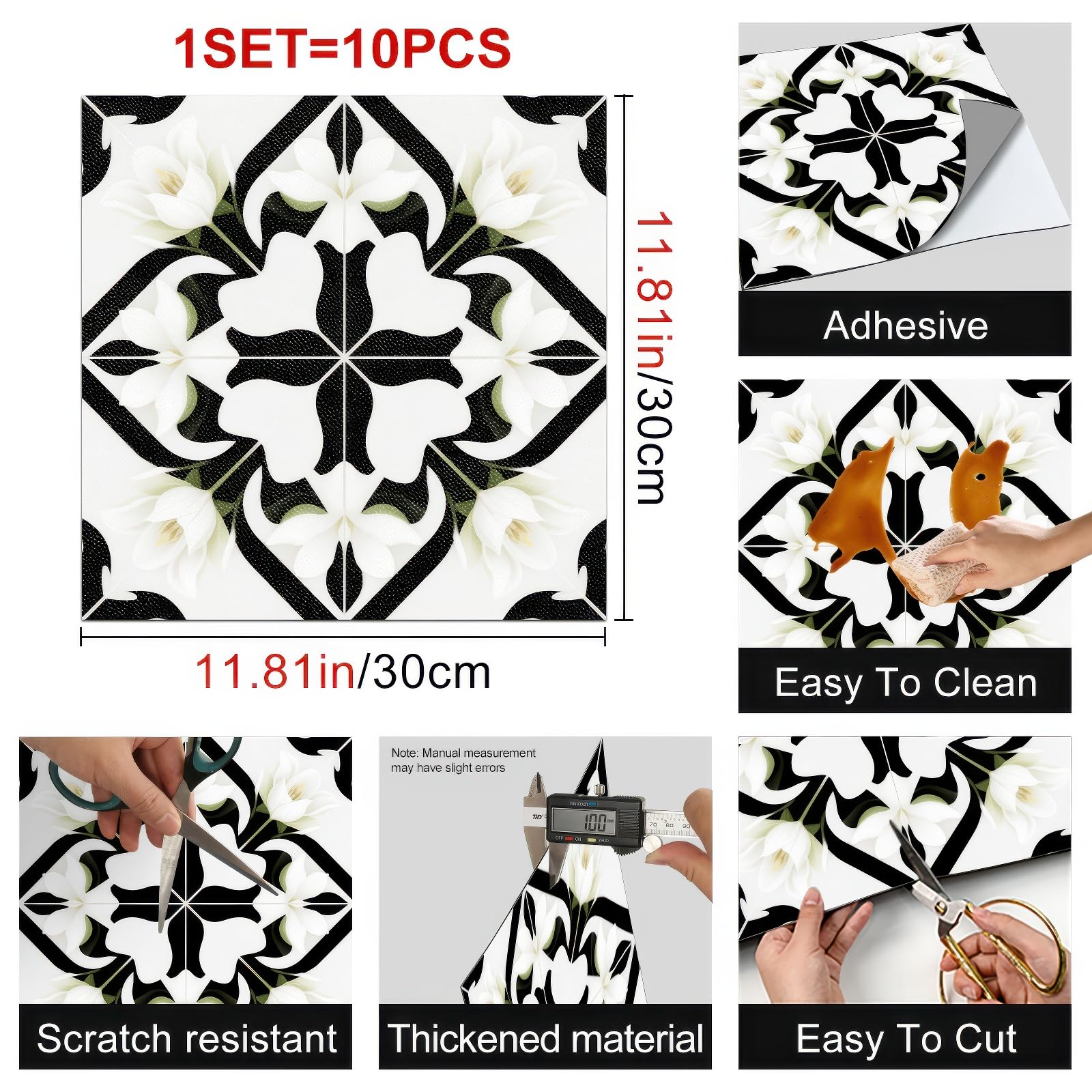 HOMETITUTE 10 piastrelle adesive rimovibili per pavimenti in vinile con motivo giglio bianco e nero, 30,5 x 30,5 cm, per cucina, bagno, soggiorno, ingresso, decorazione per la casa