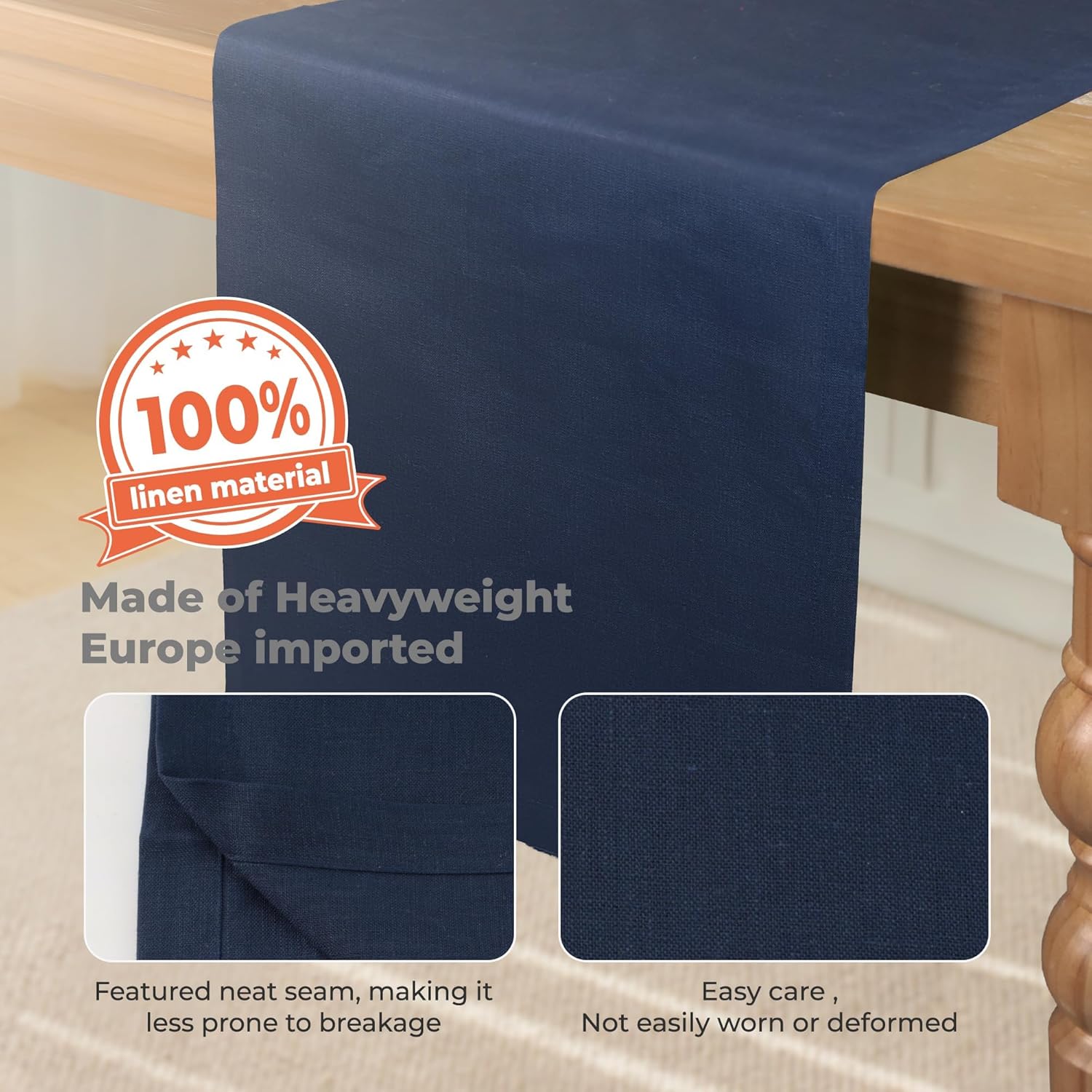 100% Pure Linen Extra Long Table Runner - 14 x 108 Inch Farmhouse Dining Table Runner, Perfect for Fall, Thanksgiving, and Christmas -Athena -Navy