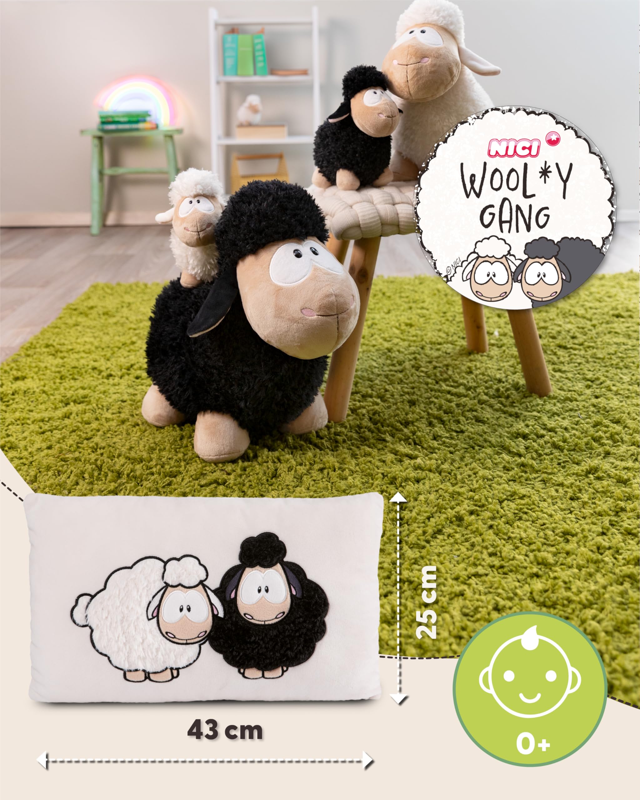 NICI Kuschelkissen Wool*y Gang Green 43 x 25cm, Weiches Plüsch, Flauschiges Kuscheltierkissen mit Schafen für Mädchen, Jungen & Babys, Rechteckiges Stofftierkissen - 49682