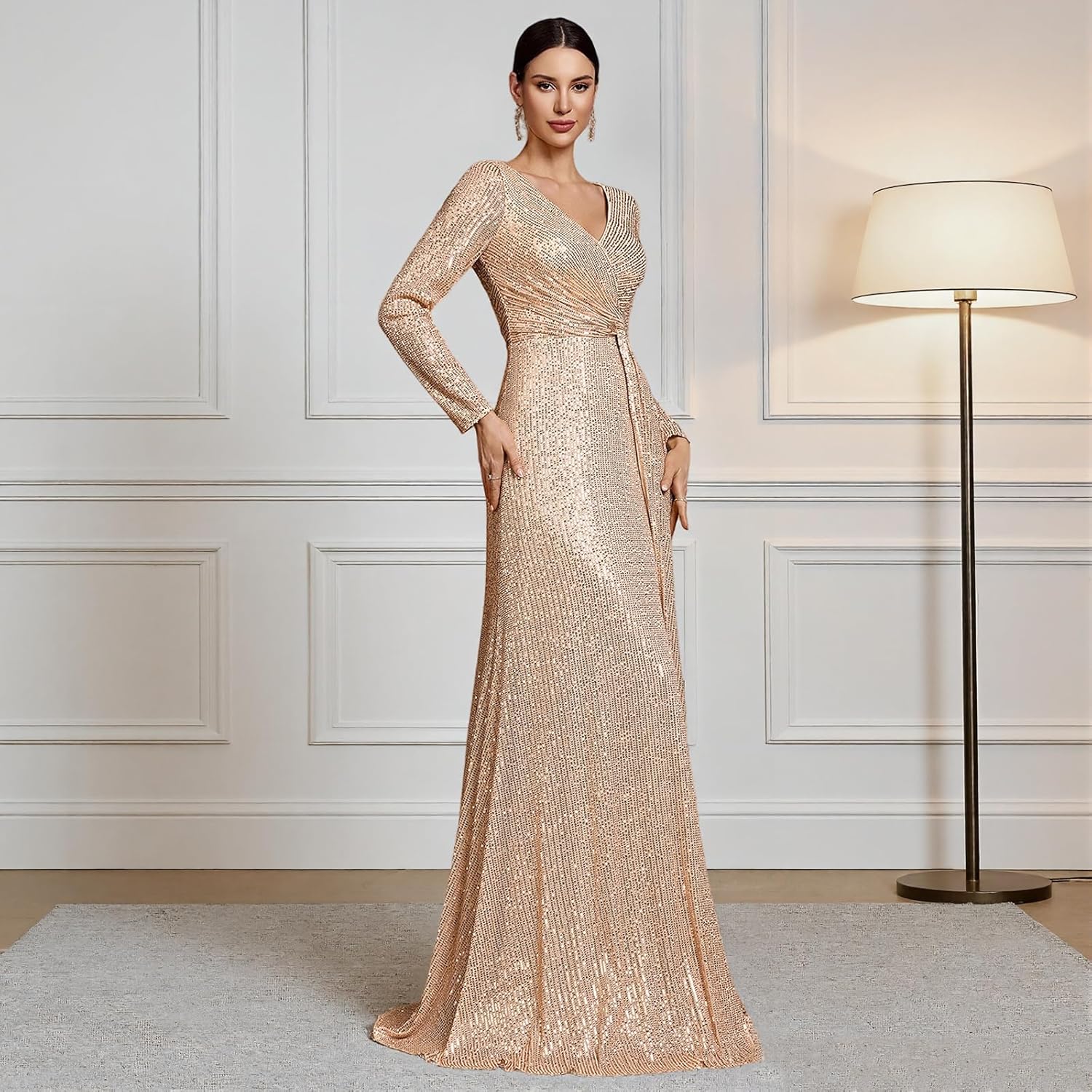 V-Neck Maxi Formal Dress with Long Sleeve, Sequin & Knot, A-Line Embroidered Evening Gown for Party, Prom & Cocktail - Image 3