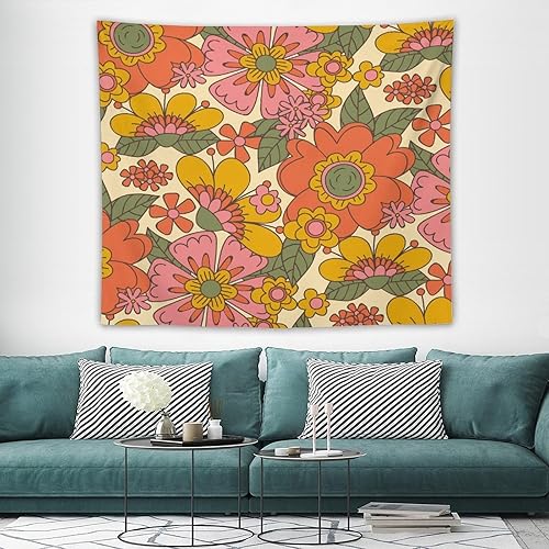 Miniatura 2 de Tapiz floral retro de los años 60 y 70, diseño hippie de primavera Groovy Flower Power Flower Boho para colgar en la pared, arte neutro para