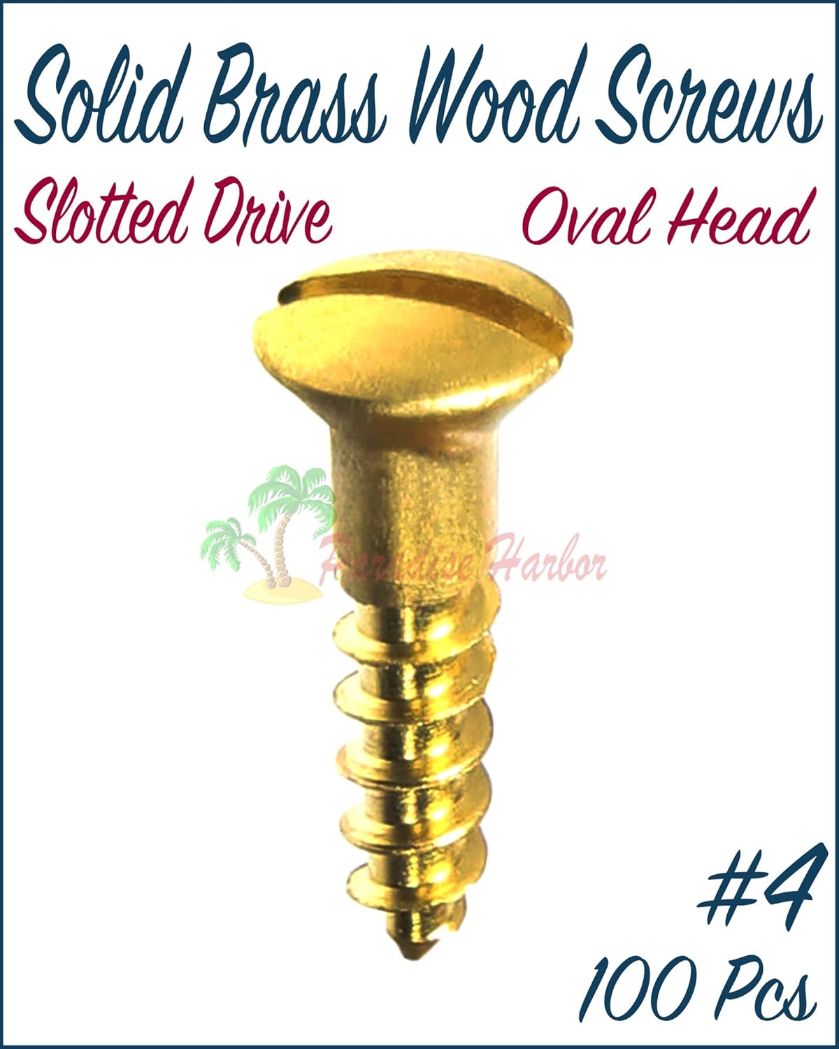 Paradise Harbor 100 Pcs 4 x 3/8" Solid Brass Wood Screws Slotted Drive