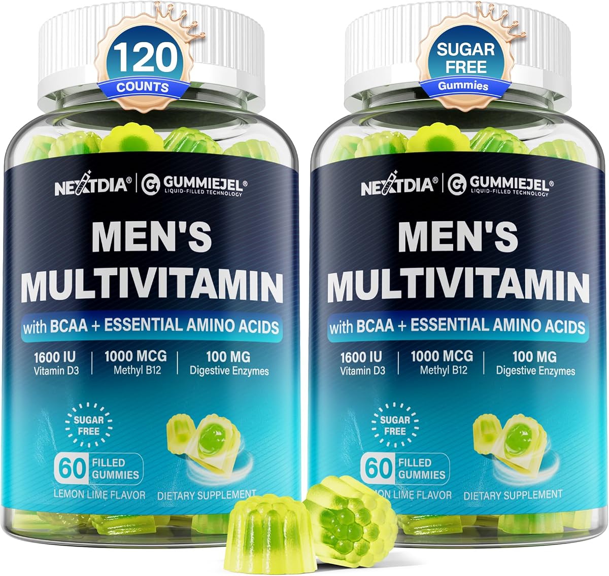 Methylated Multivitamin for Men Gummies with BCAA Amino Acids, Zinc, Biotin | Daily Vitamin A C D3 E K2 B Complex, Calcium, Lycopene, Digestive Enzymes - Energy, Immune, Muscle - Sugar Free Vegan, 120Cts