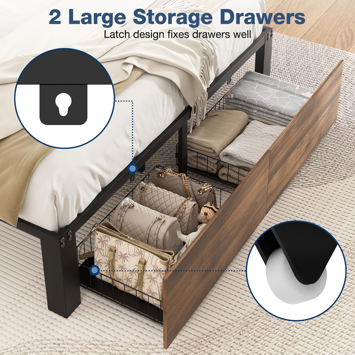 Queen Bed Frame with Drawers Storage Headboard and Charging Station Fabric Upholstered Headboard with Outlet Heavy Duty Metal Platform Bed with Steel Slat Support No Box Spring Needed,Grey